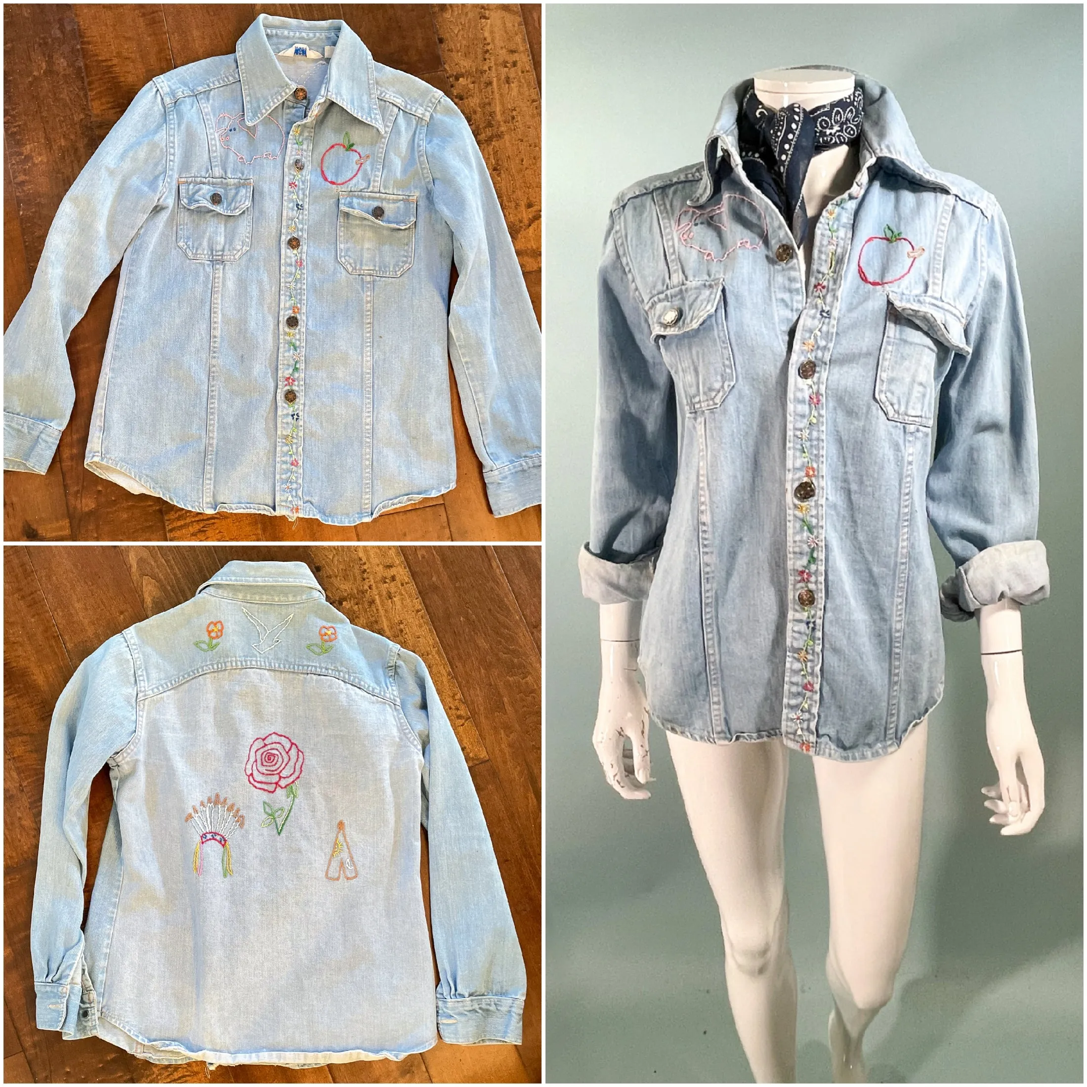 70s Sears Fashions Hand Embroidered Denim Shirt, OOAK Hippie Blouse