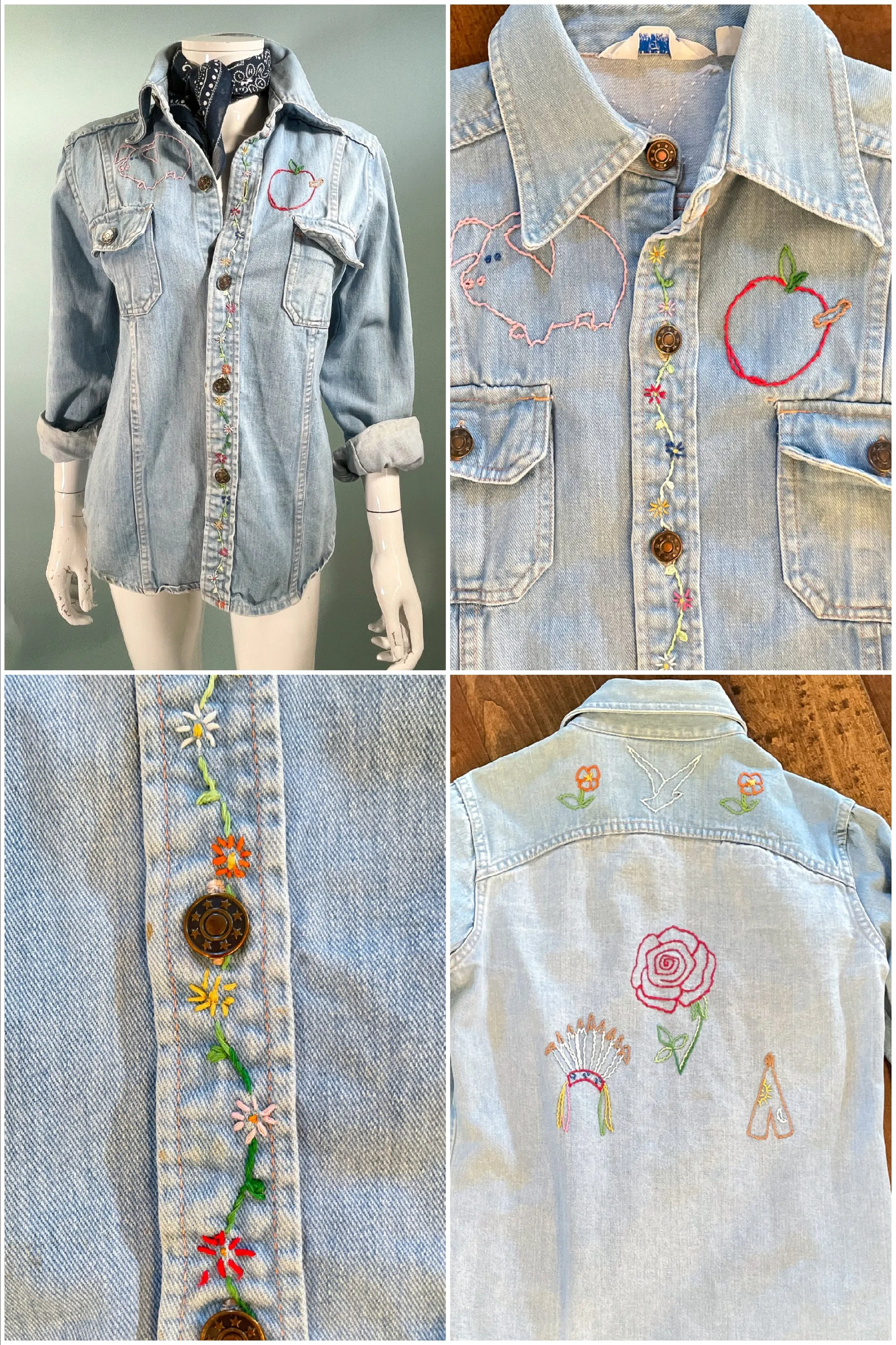 70s Sears Fashions Hand Embroidered Denim Shirt, OOAK Hippie Blouse