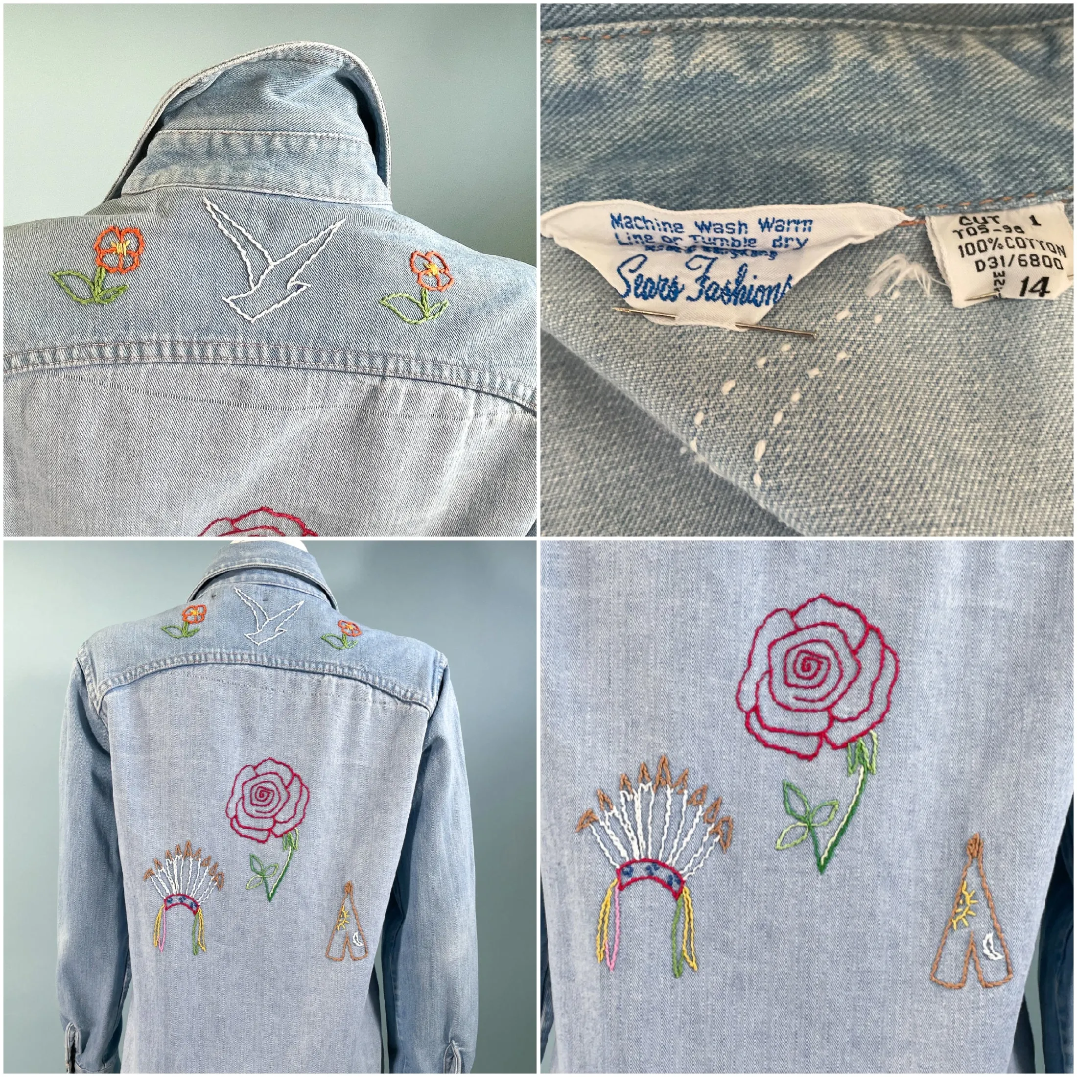 70s Sears Fashions Hand Embroidered Denim Shirt, OOAK Hippie Blouse