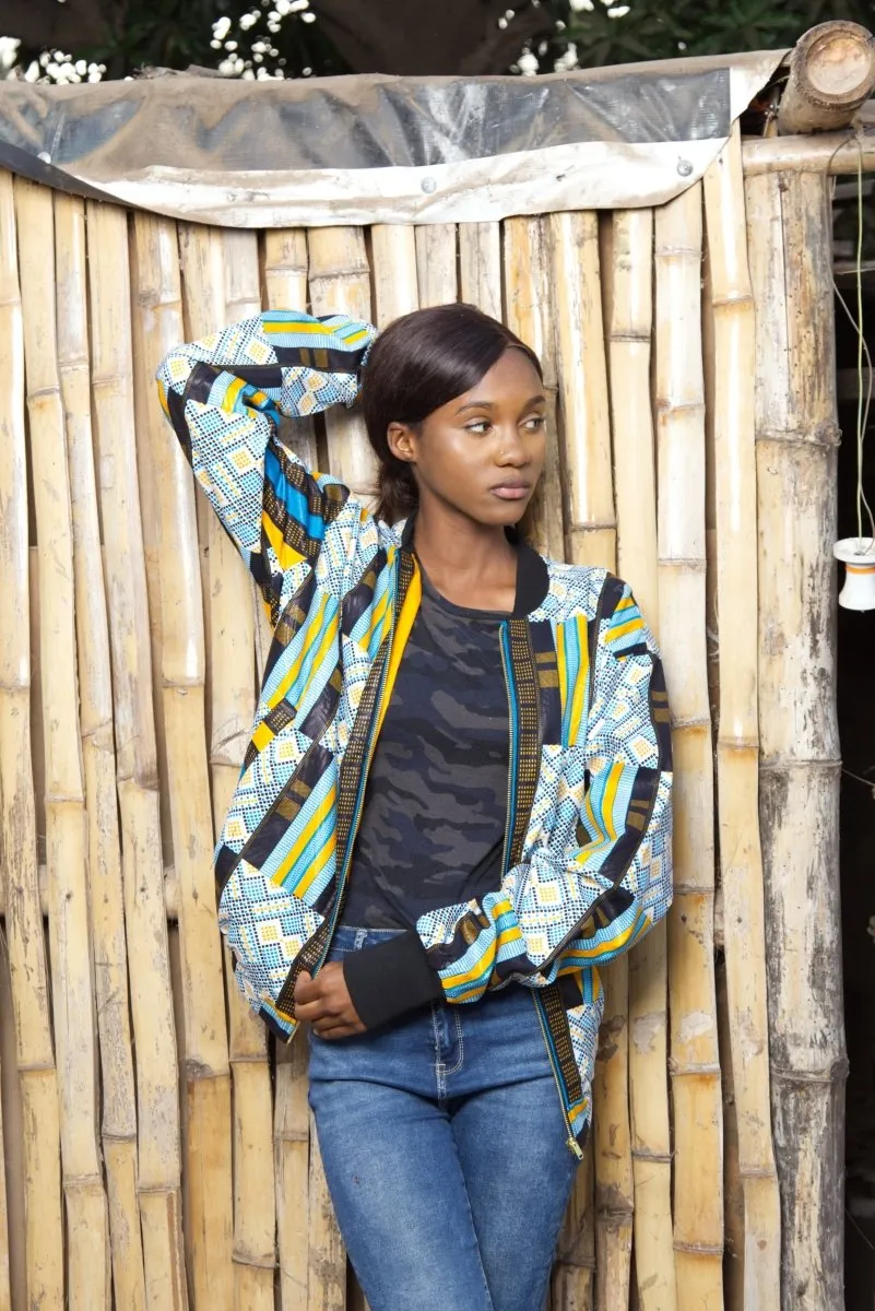 African Bomber Jacket In Blue Kente