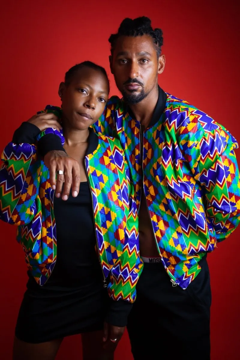 African Bomber Jacket In Electric Blue Kente Print