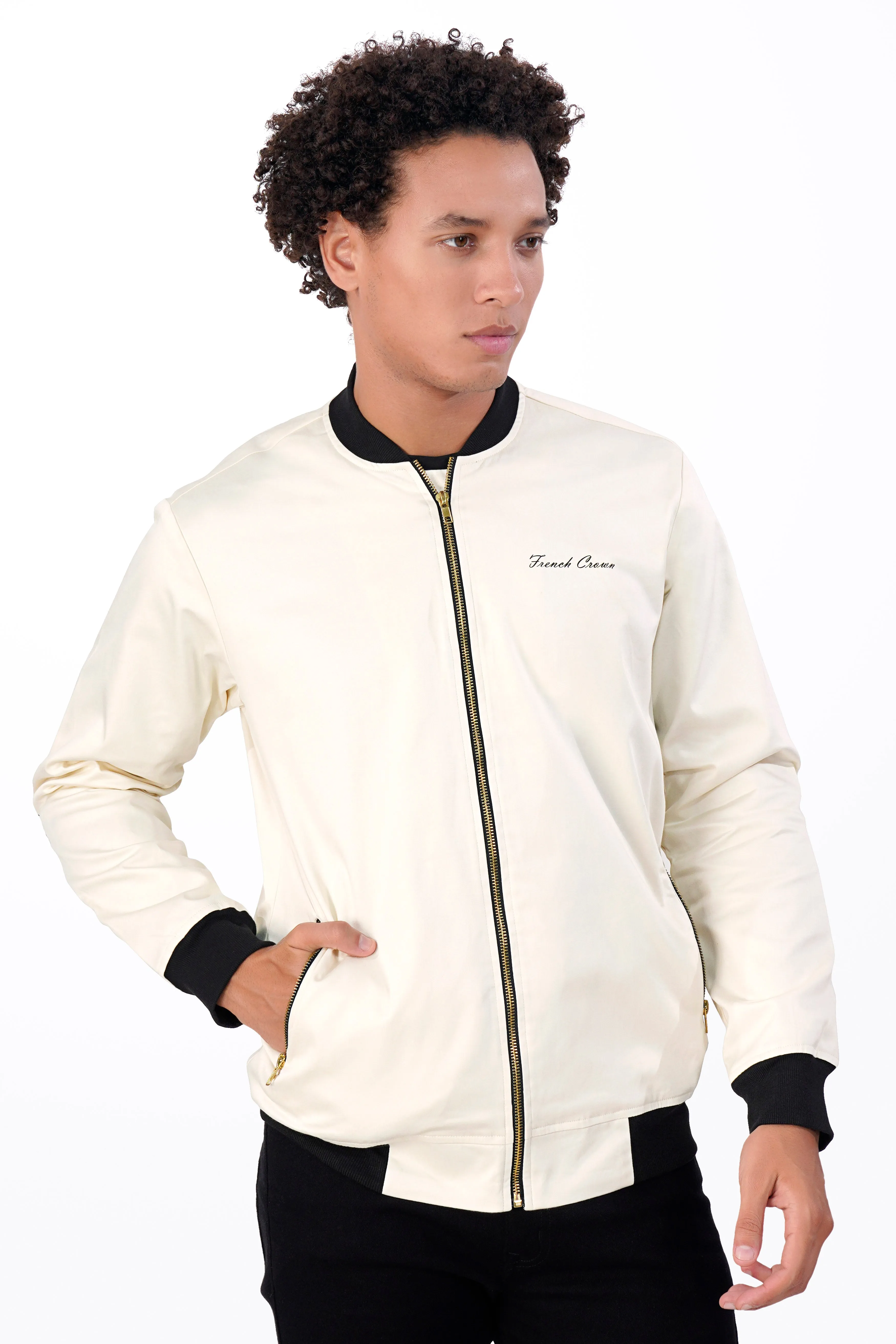 Albescent Cream Premium Cotton Bomber Jacket