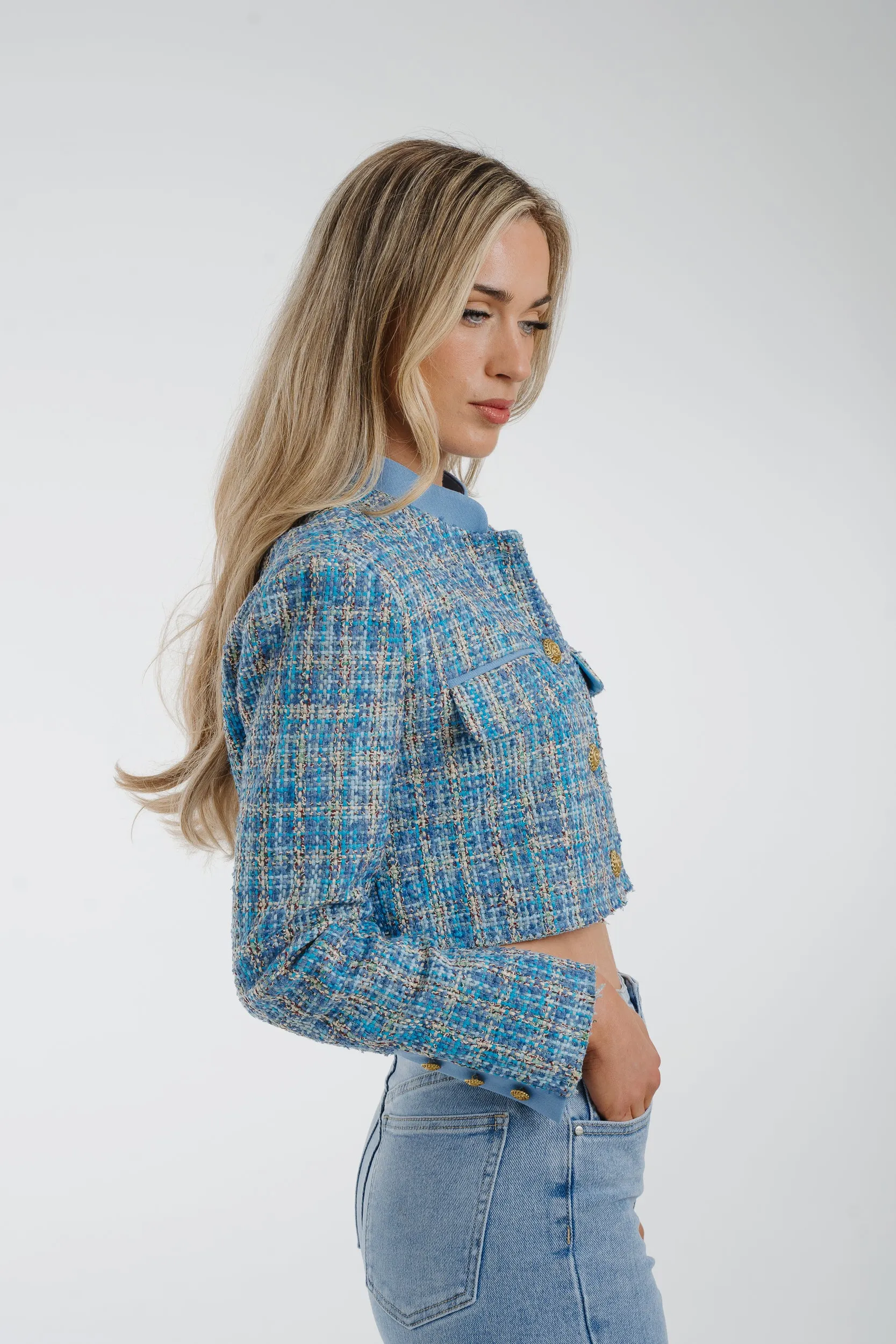 Arabella Crop Tweed Blazer In Blue