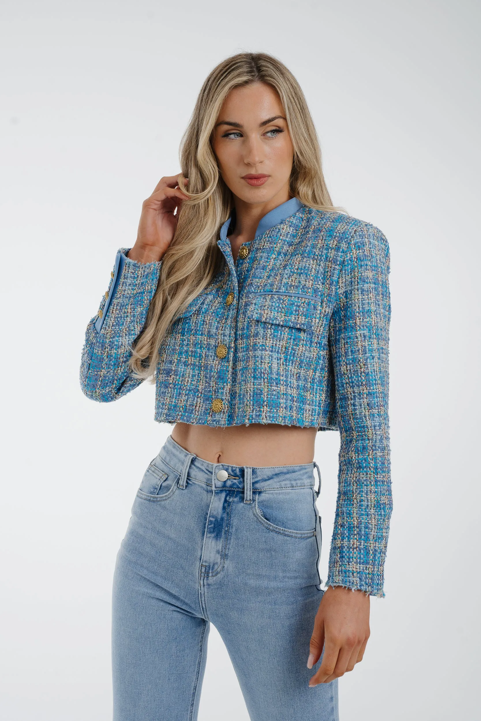 Arabella Crop Tweed Blazer In Blue