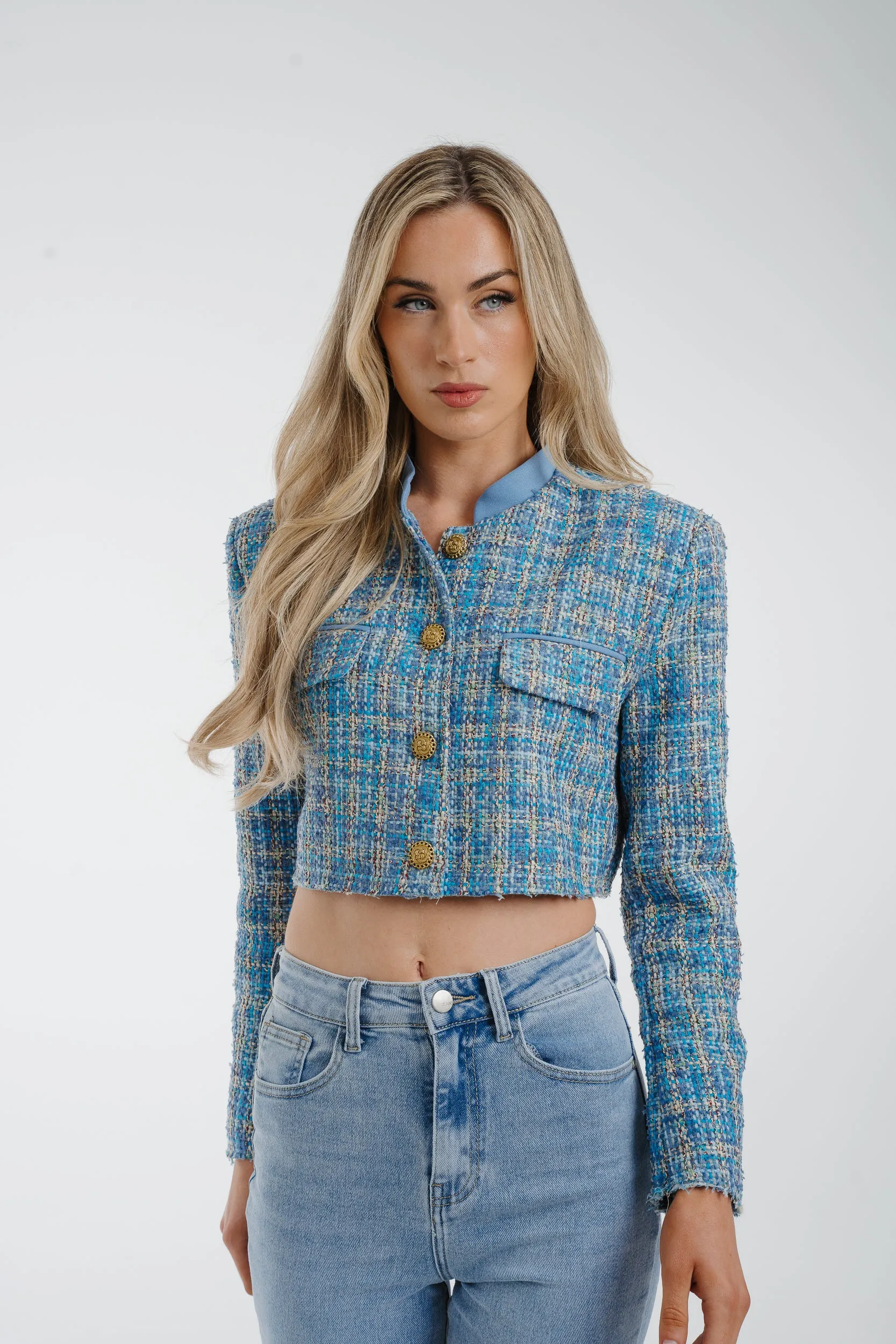 Arabella Crop Tweed Blazer In Blue