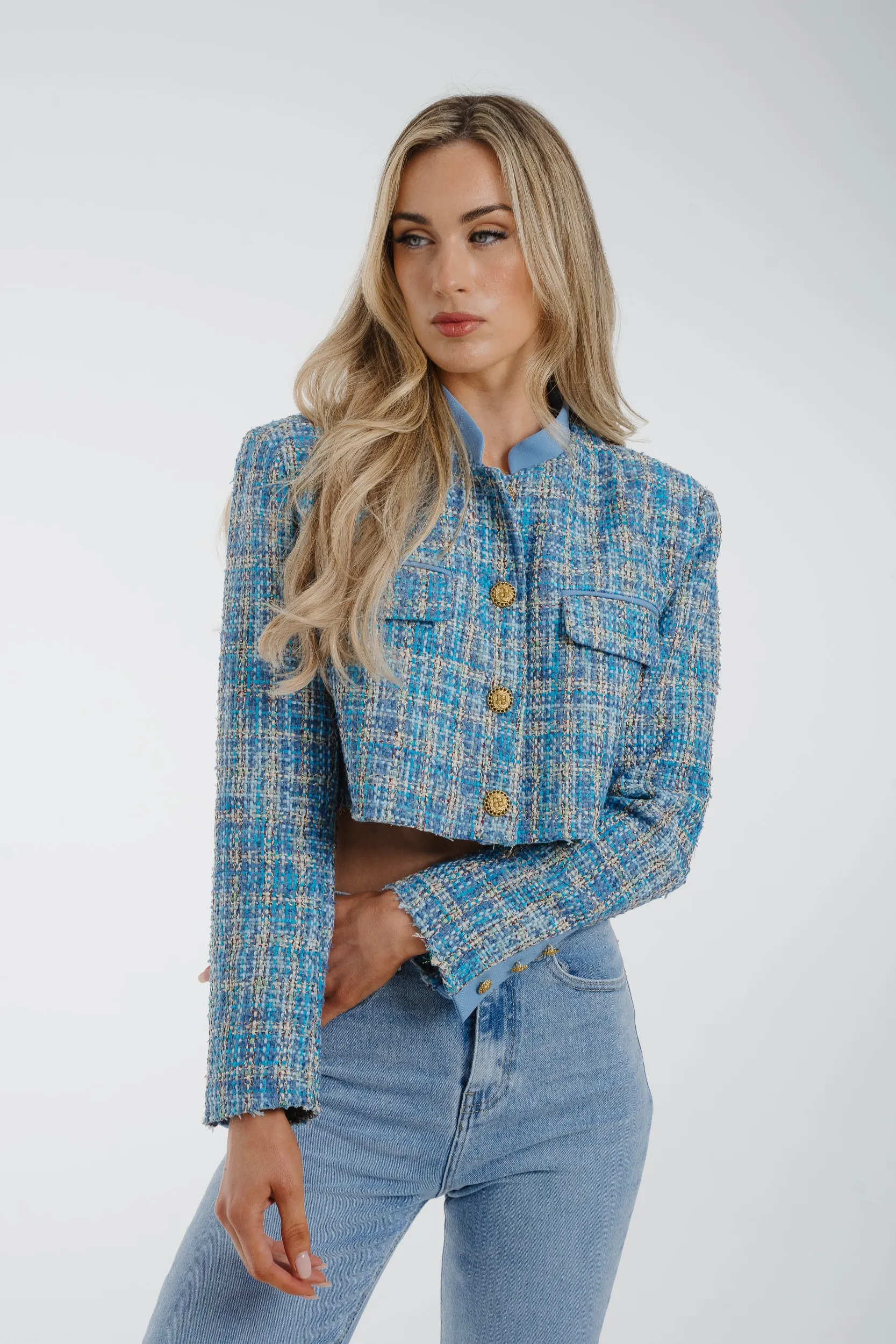 Arabella Crop Tweed Blazer In Blue