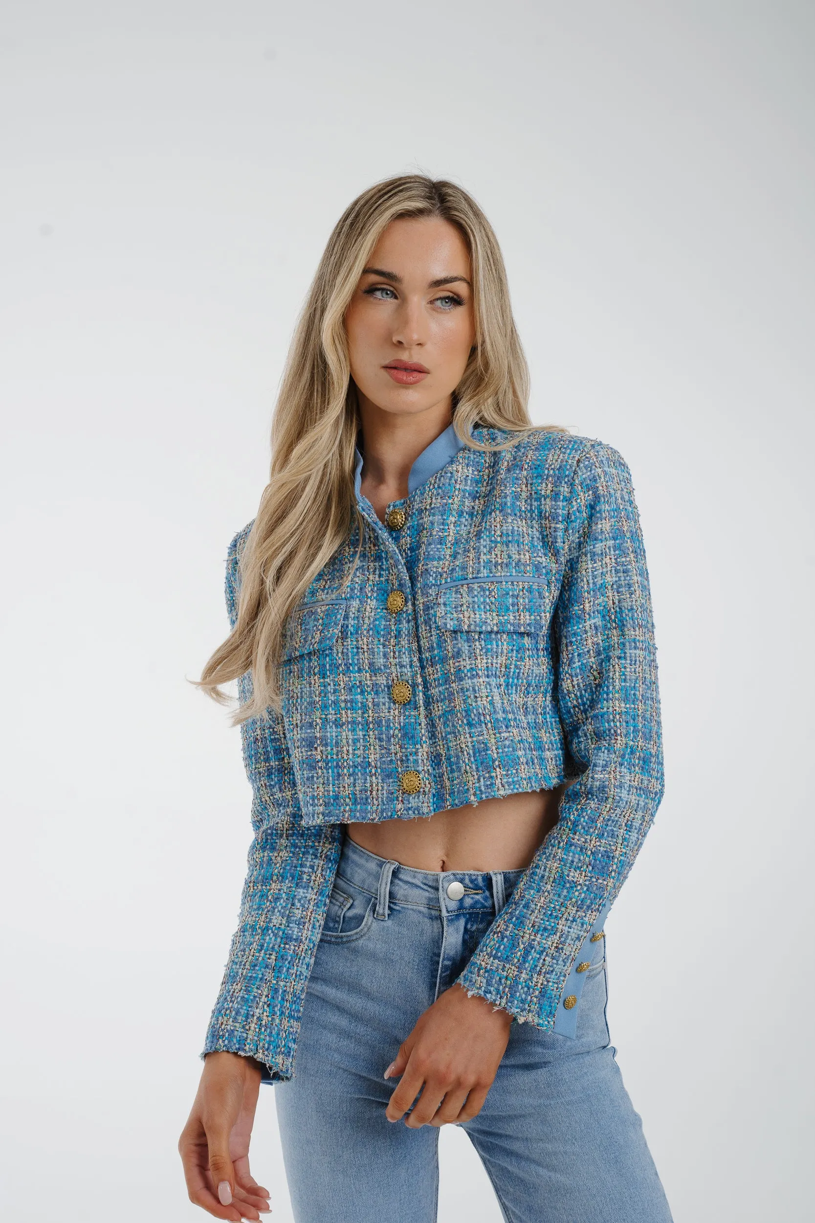 Arabella Crop Tweed Blazer In Blue