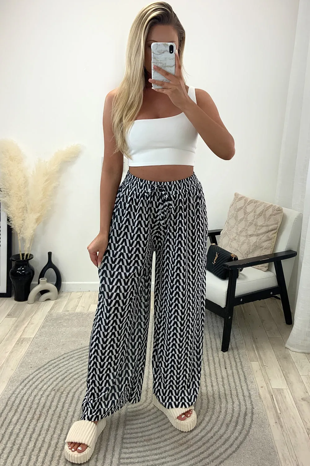 Avaa Black and White Plisse Patterned Wide Leg Trousers