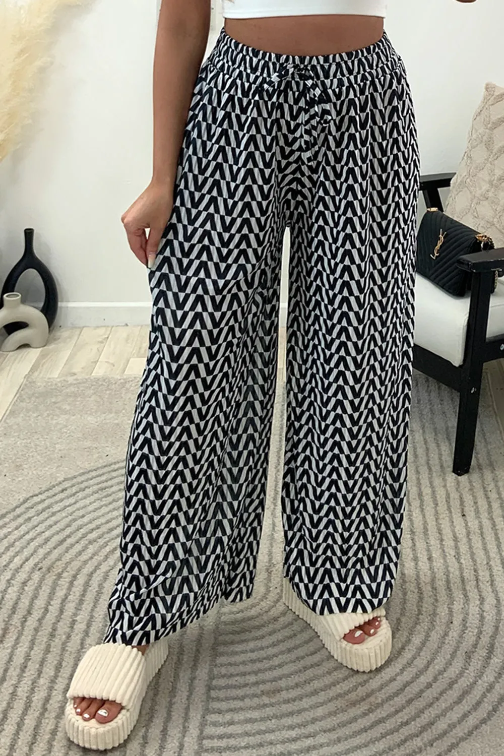 Avaa Black and White Plisse Patterned Wide Leg Trousers