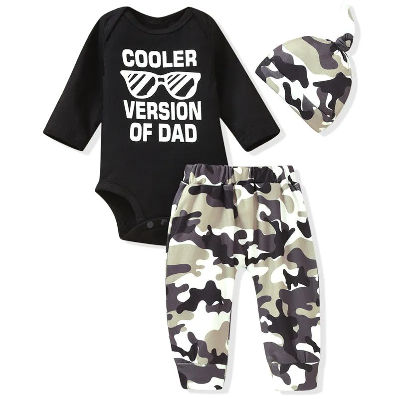 Baby Boys Solid Color Glasses Letter Printing Long Sleeve Romper Camouflage Trousers Hat Set