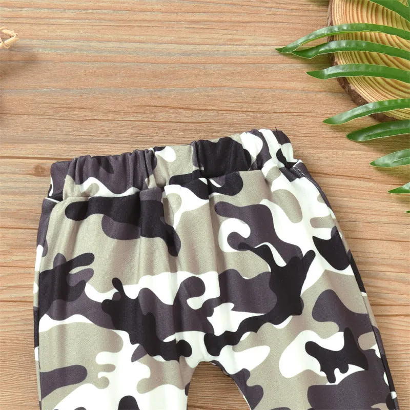 Baby Boys Solid Color Glasses Letter Printing Long Sleeve Romper Camouflage Trousers Hat Set