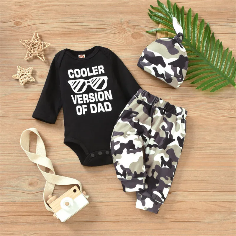 Baby Boys Solid Color Glasses Letter Printing Long Sleeve Romper Camouflage Trousers Hat Set