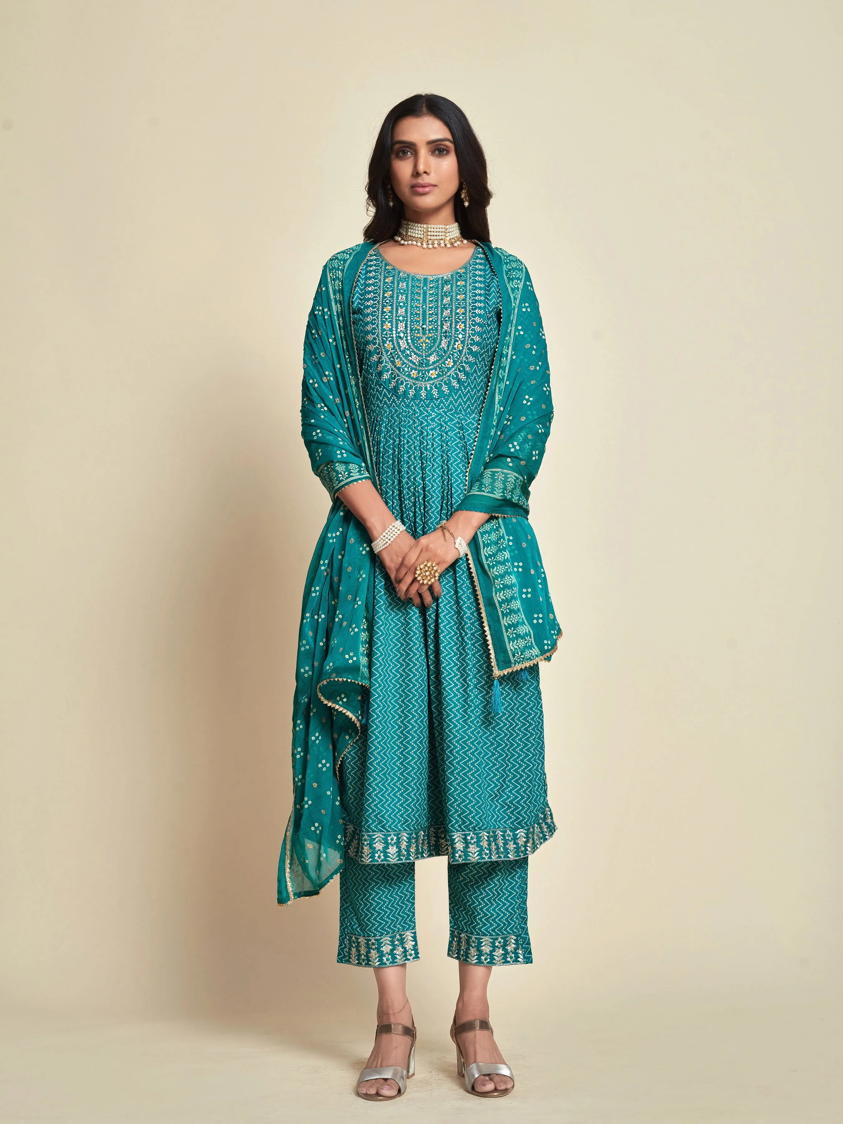 Bandhani Printed Yoke Embroidered A-line Thread Work Kurta with Trousers & Dupatta