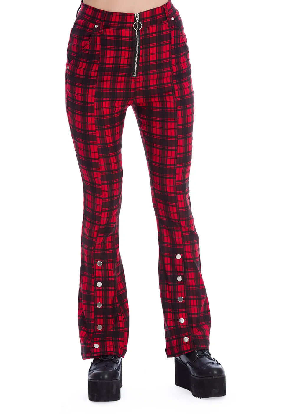 Banned Tartan Night Flare 70's Trousers Red