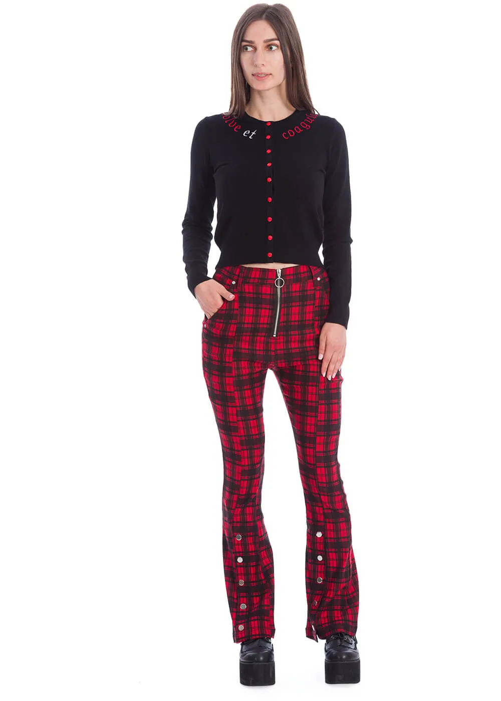 Banned Tartan Night Flare 70's Trousers Red