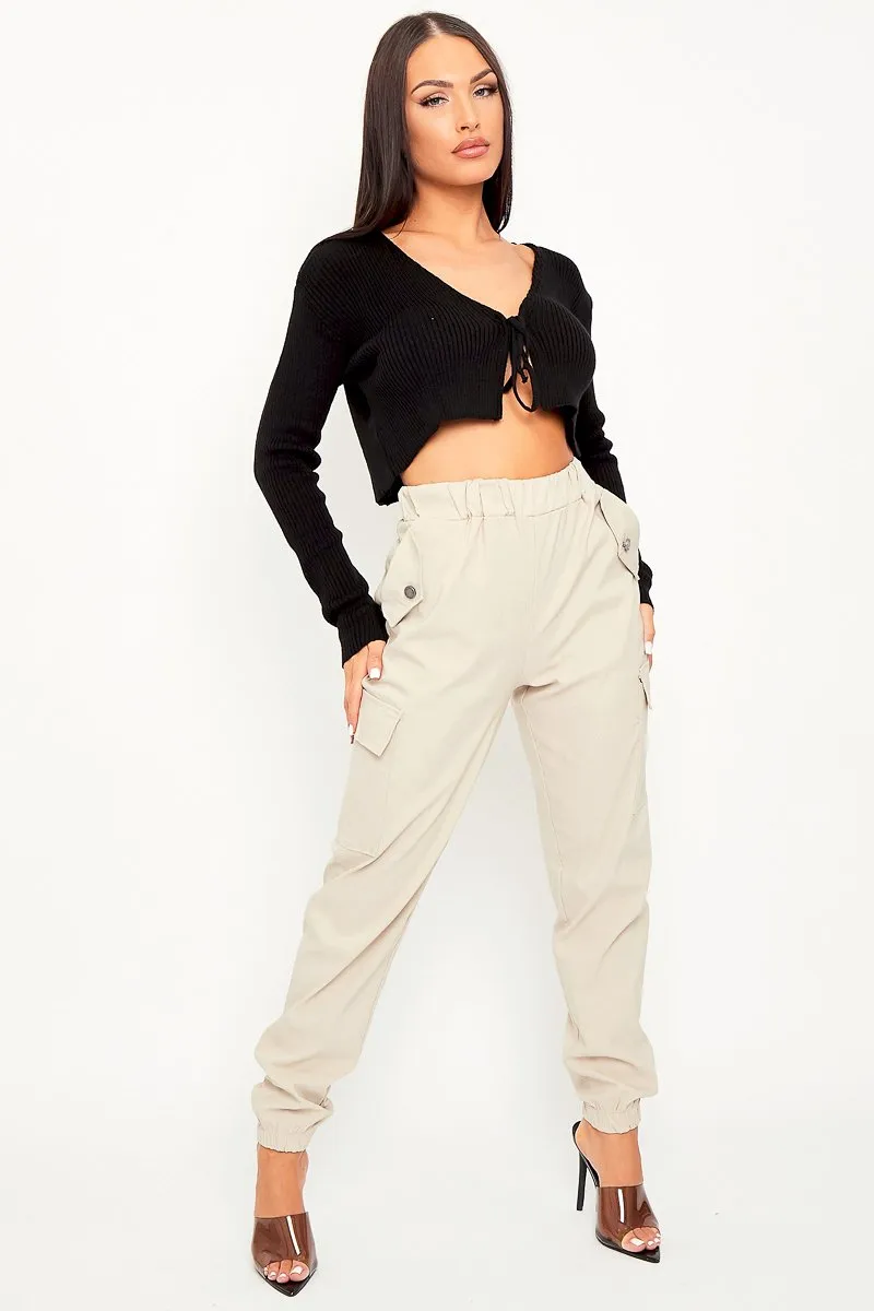 Beige Elasticated Waist Cargo Trousers - Yalina