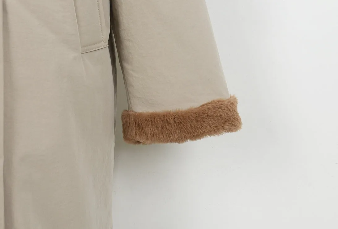 Beige Fake fur Puffer Trench Coats Womens Winter Outerwear Waistbelt