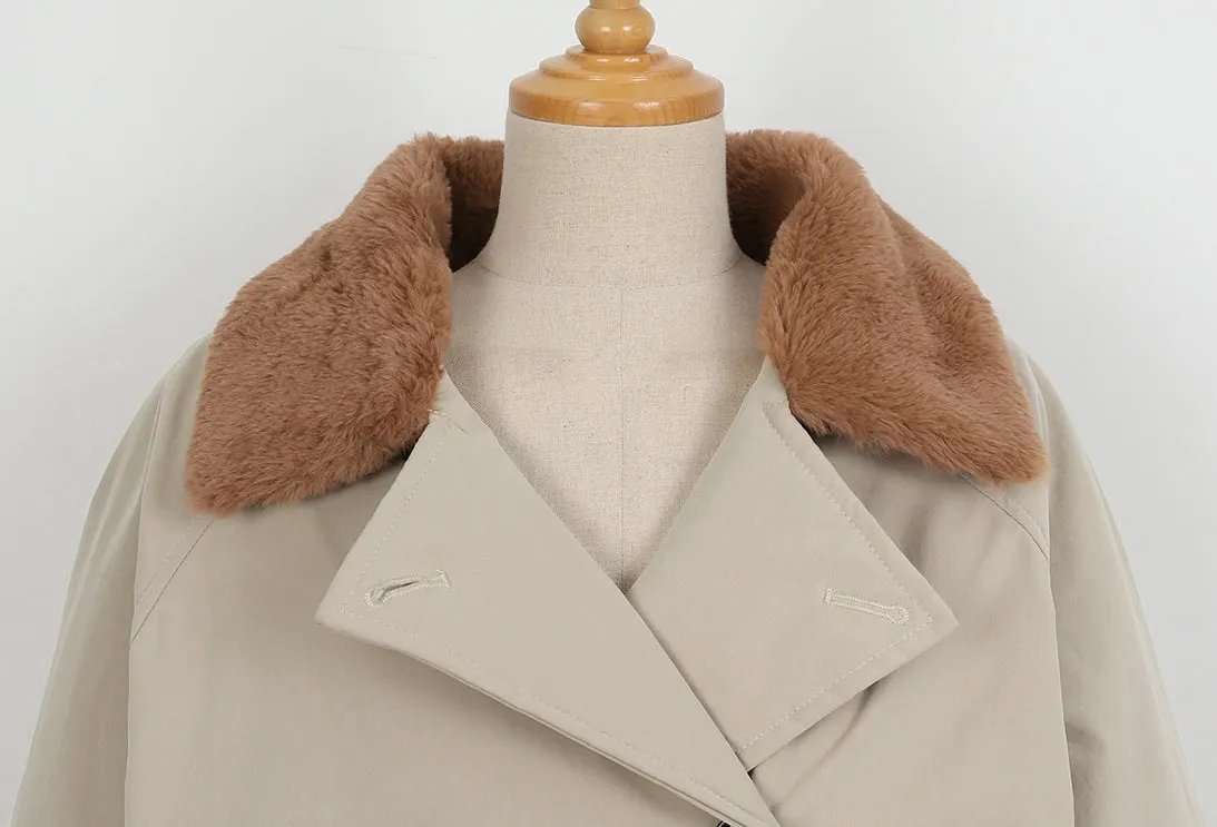 Beige Fake fur Puffer Trench Coats Womens Winter Outerwear Waistbelt