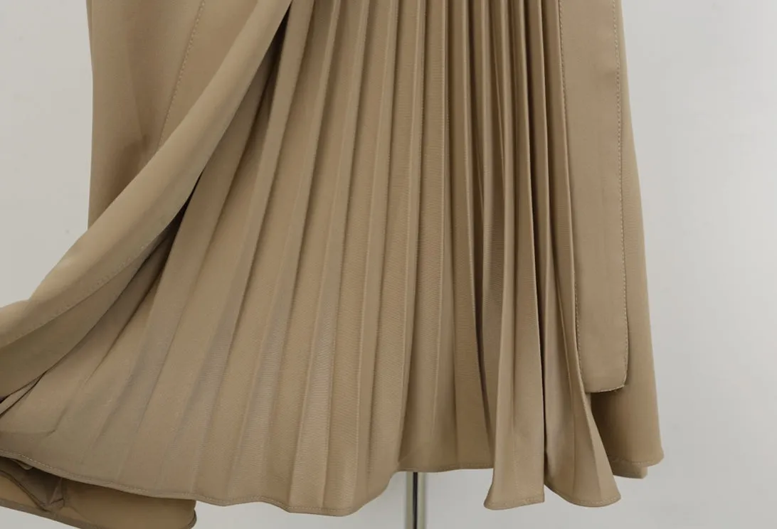 Beige Side Pleated Trench Wrap Dresses Womens Waiststrap Double Breast