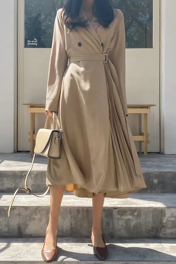 Beige Side Pleated Trench Wrap Dresses Womens Waiststrap Double Breast