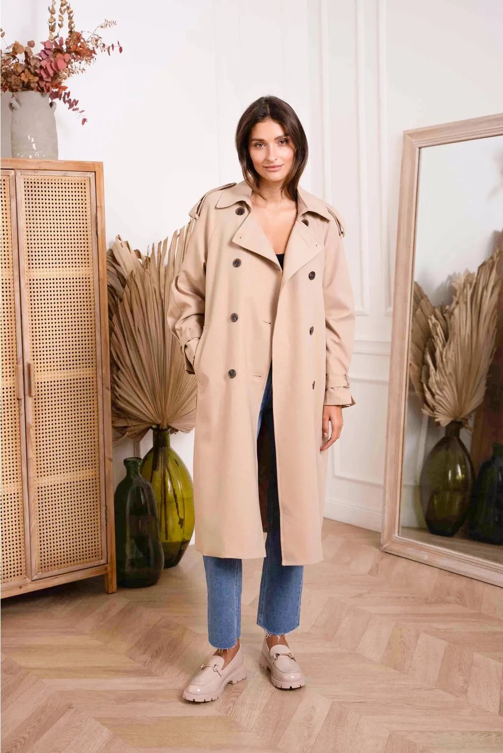 Beige Trench Coat with Belt