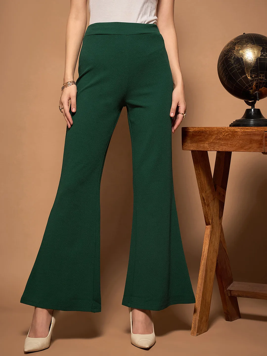 Berrylush Bizwear Women Green Solid Wide Leg Knitted Regular Trousers