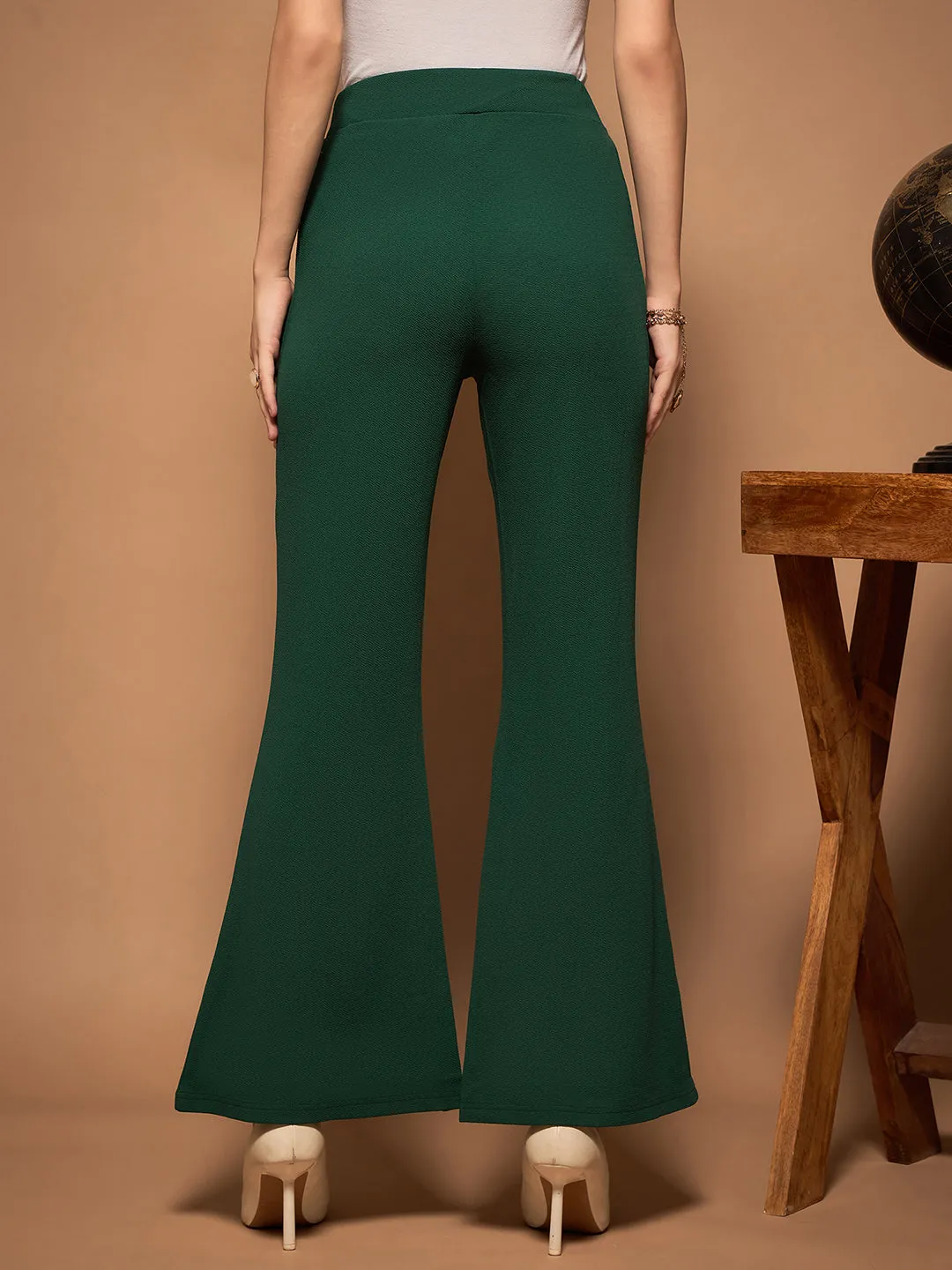 Berrylush Bizwear Women Green Solid Wide Leg Knitted Regular Trousers