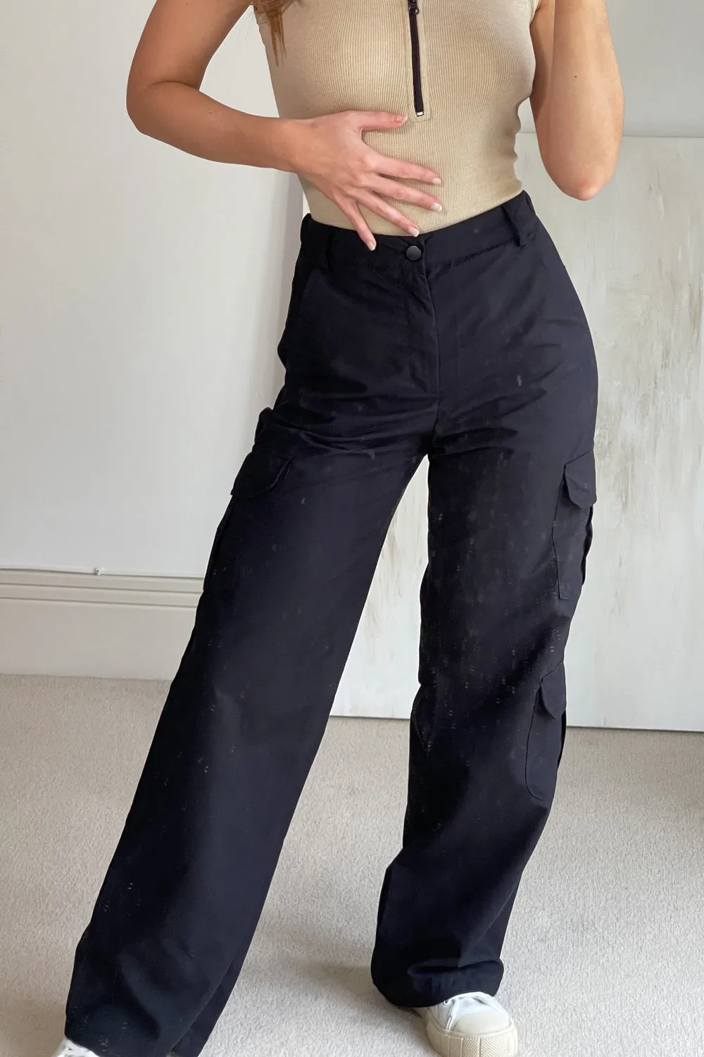 Bianca Black Pocket Detail Wide Leg Cargo Trousers