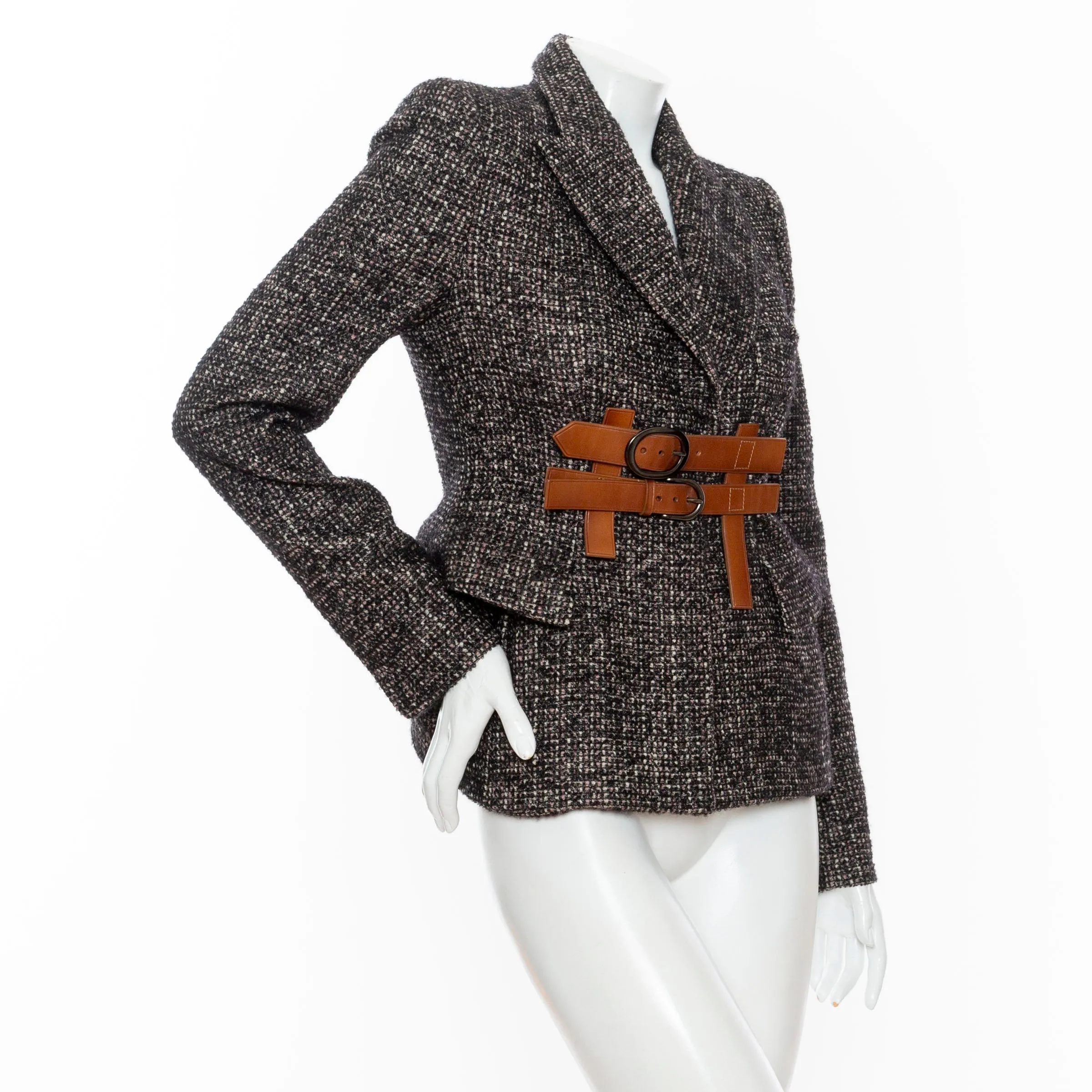 Black and Brown Wool-Blend Tweed Belted Jacket