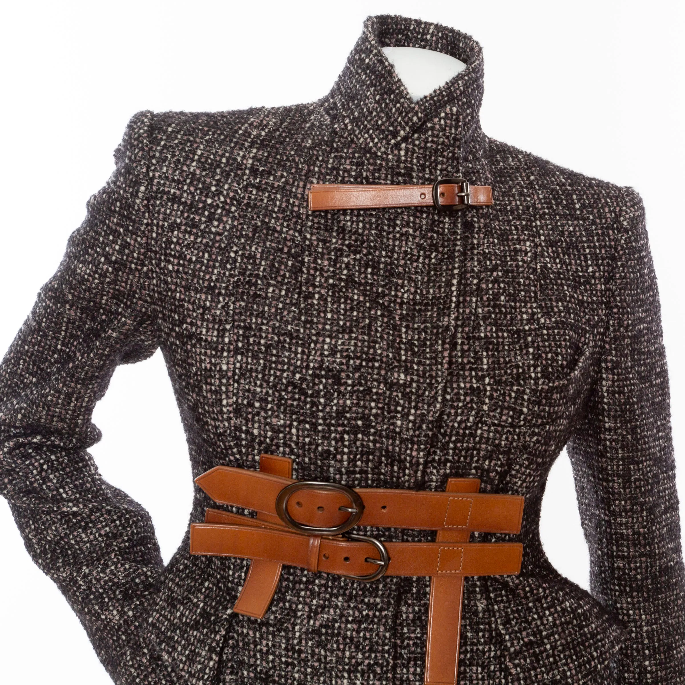 Black and Brown Wool-Blend Tweed Belted Jacket