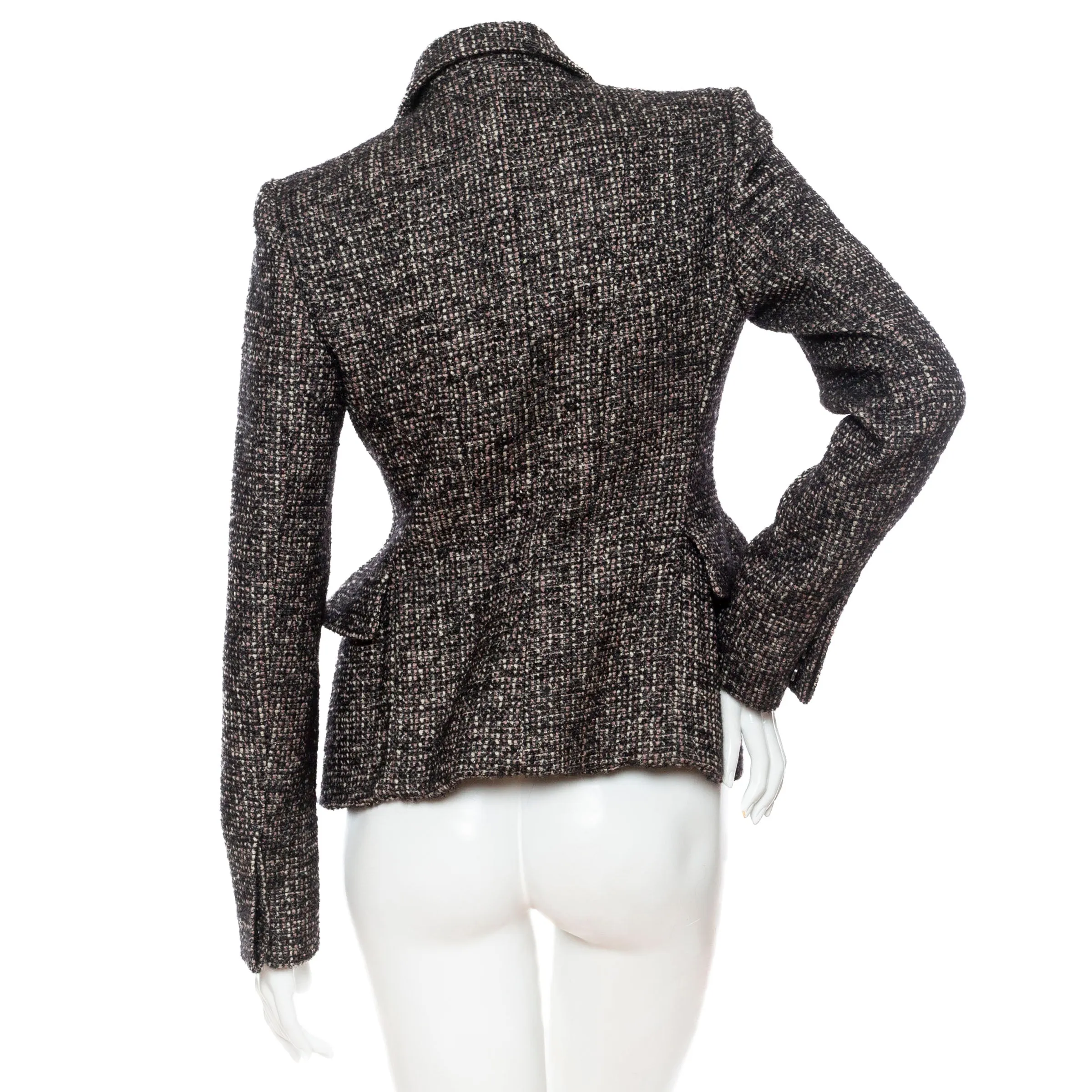 Black and Brown Wool-Blend Tweed Belted Jacket