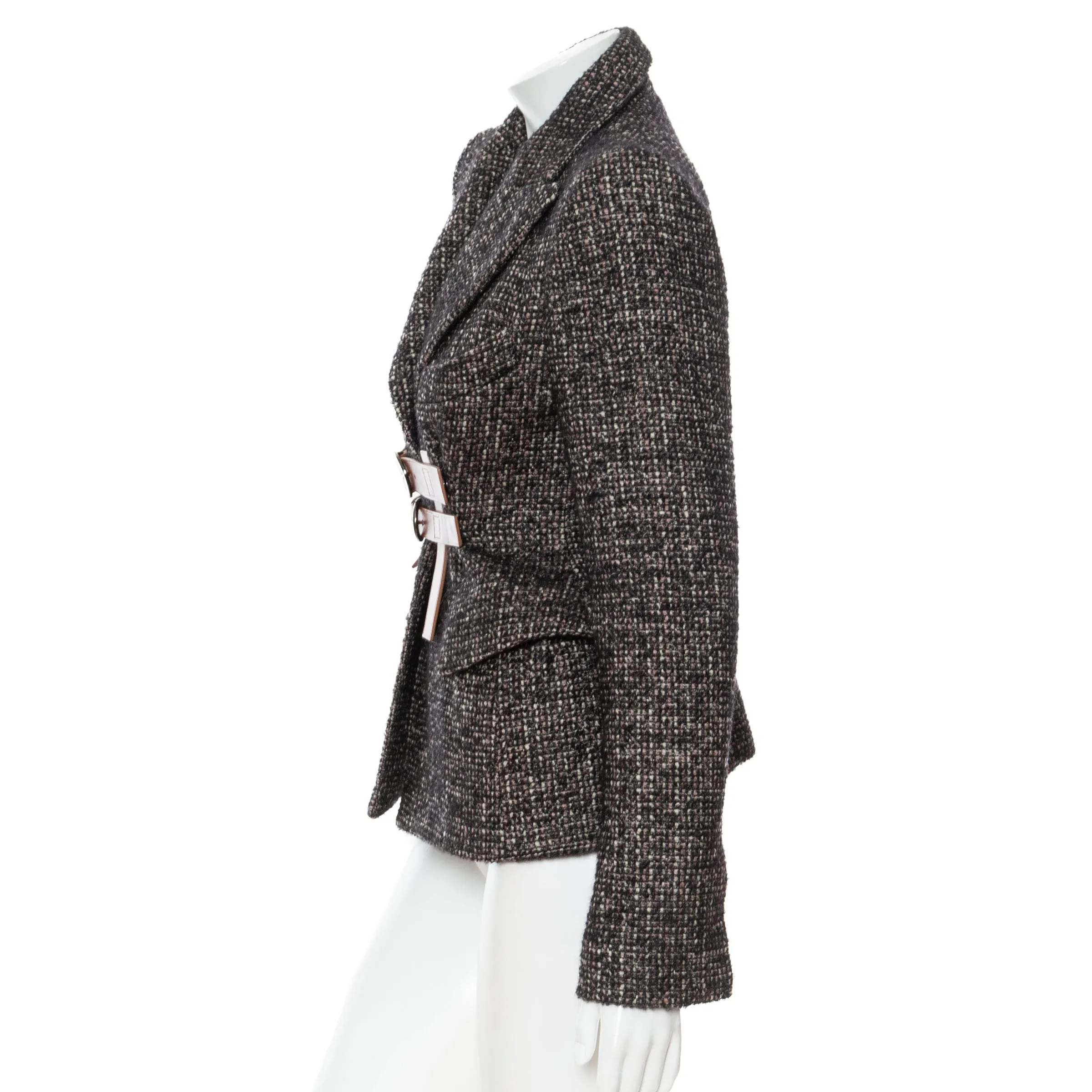 Black and Brown Wool-Blend Tweed Belted Jacket