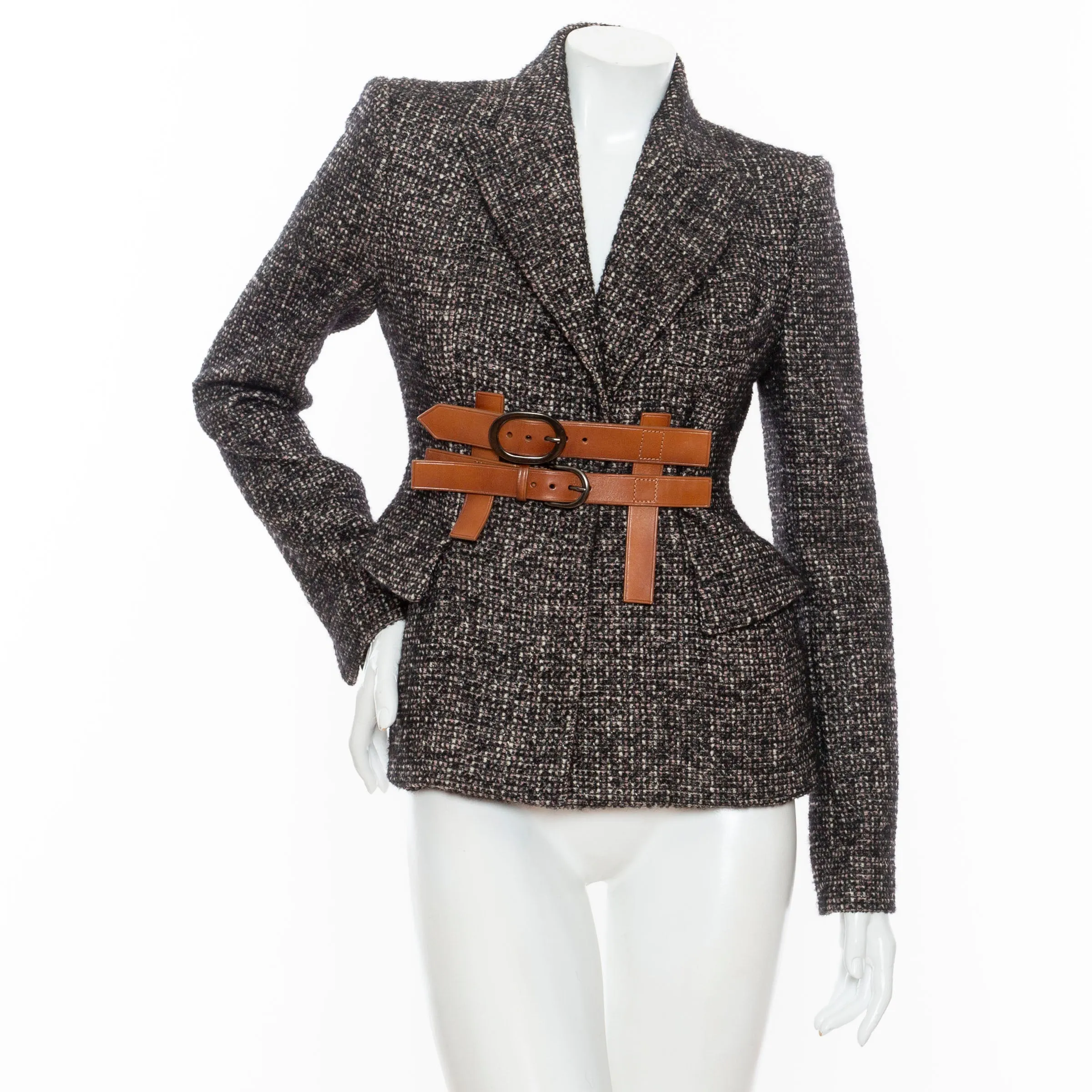 Black and Brown Wool-Blend Tweed Belted Jacket