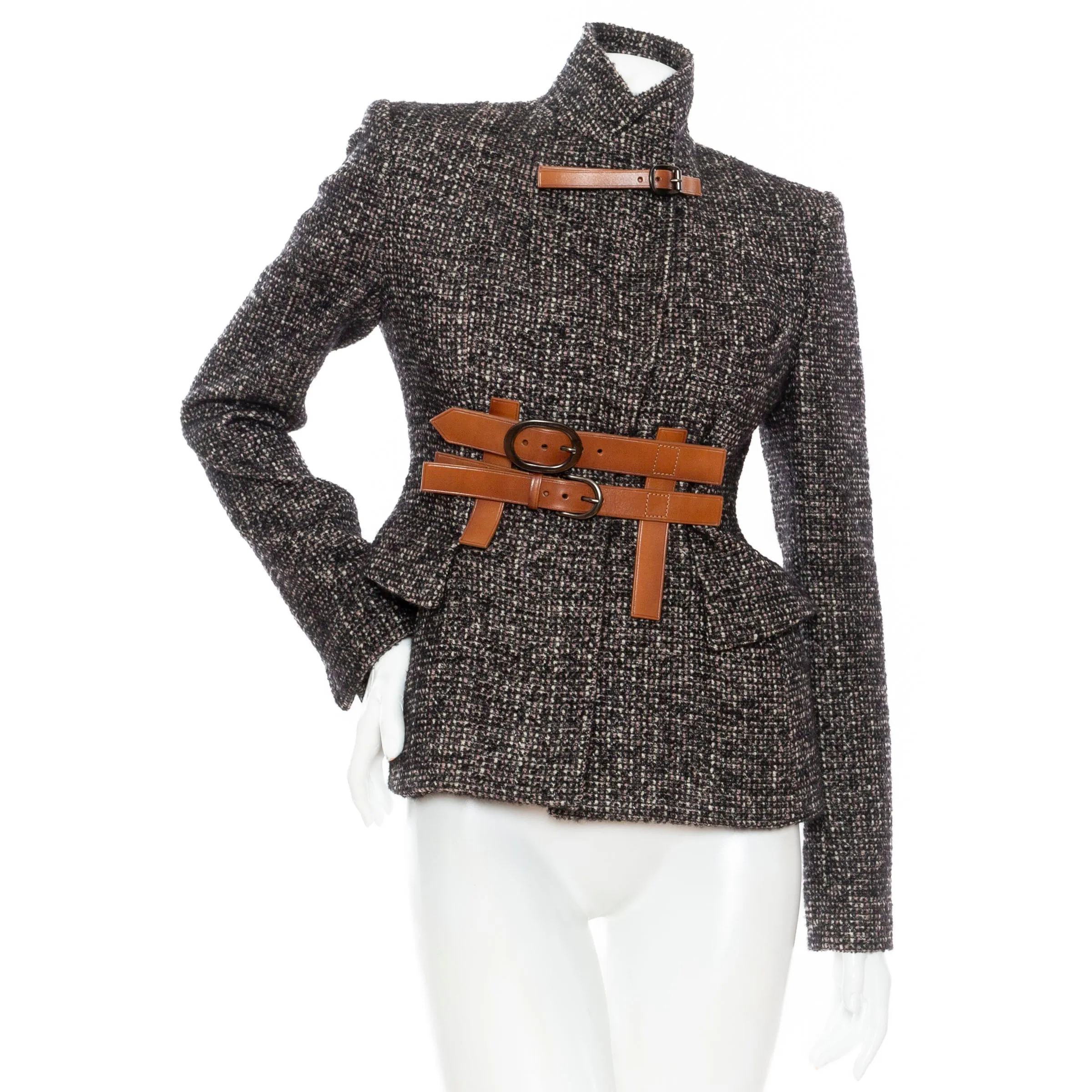 Black and Brown Wool-Blend Tweed Belted Jacket