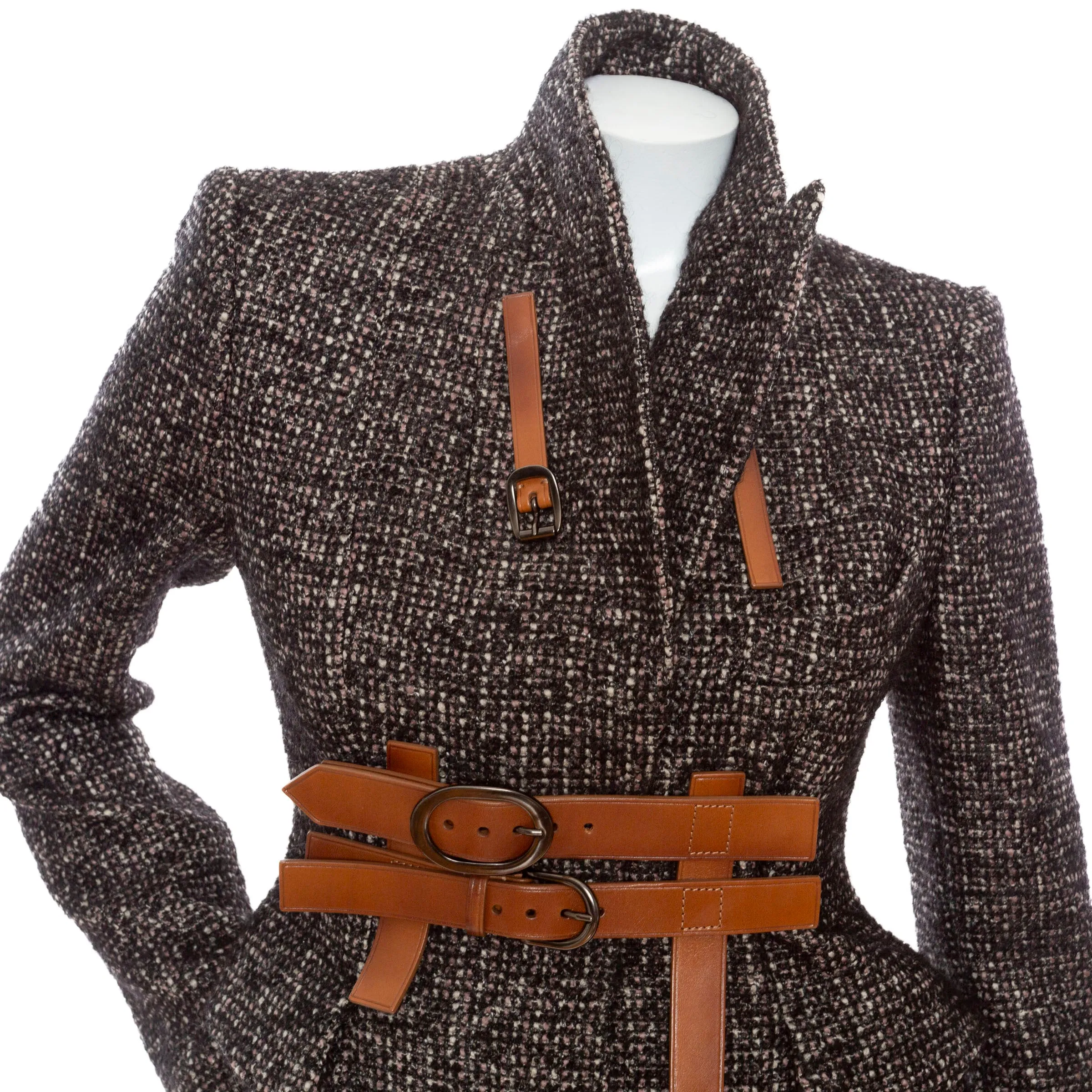 Black and Brown Wool-Blend Tweed Belted Jacket