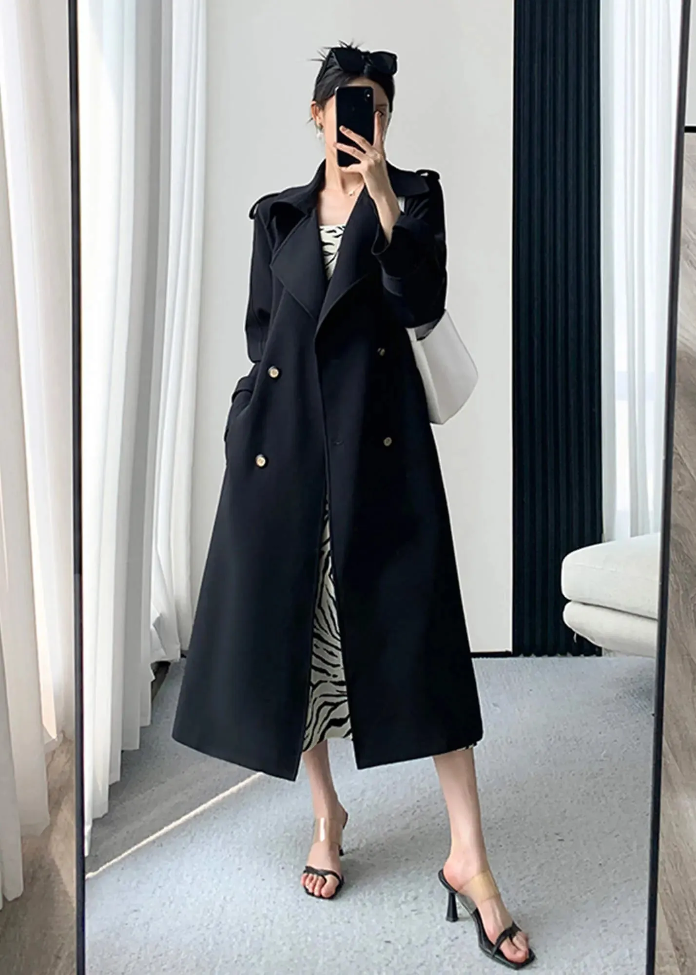 Black Double Breasted Long Trench Coat