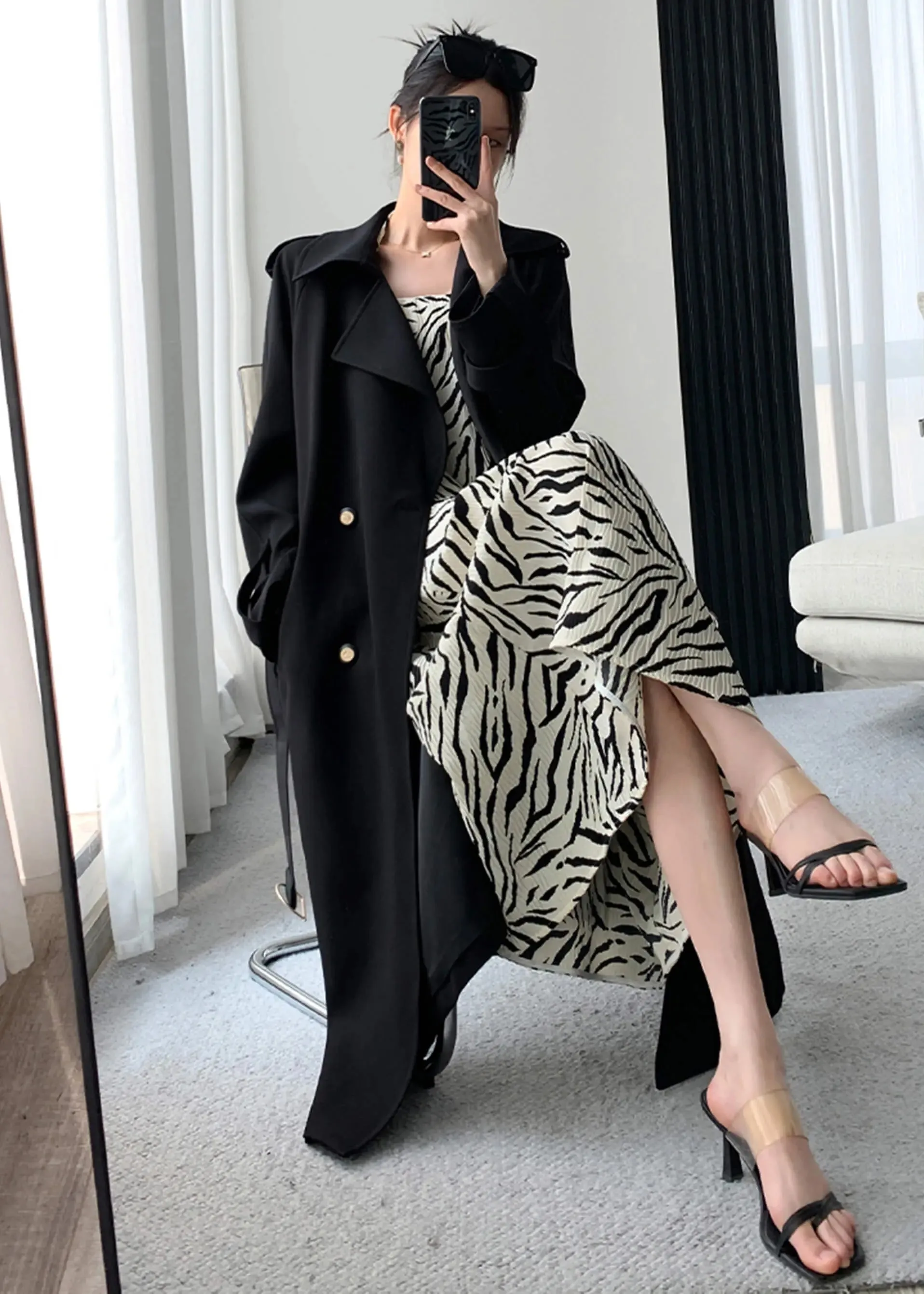 Black Double Breasted Long Trench Coat