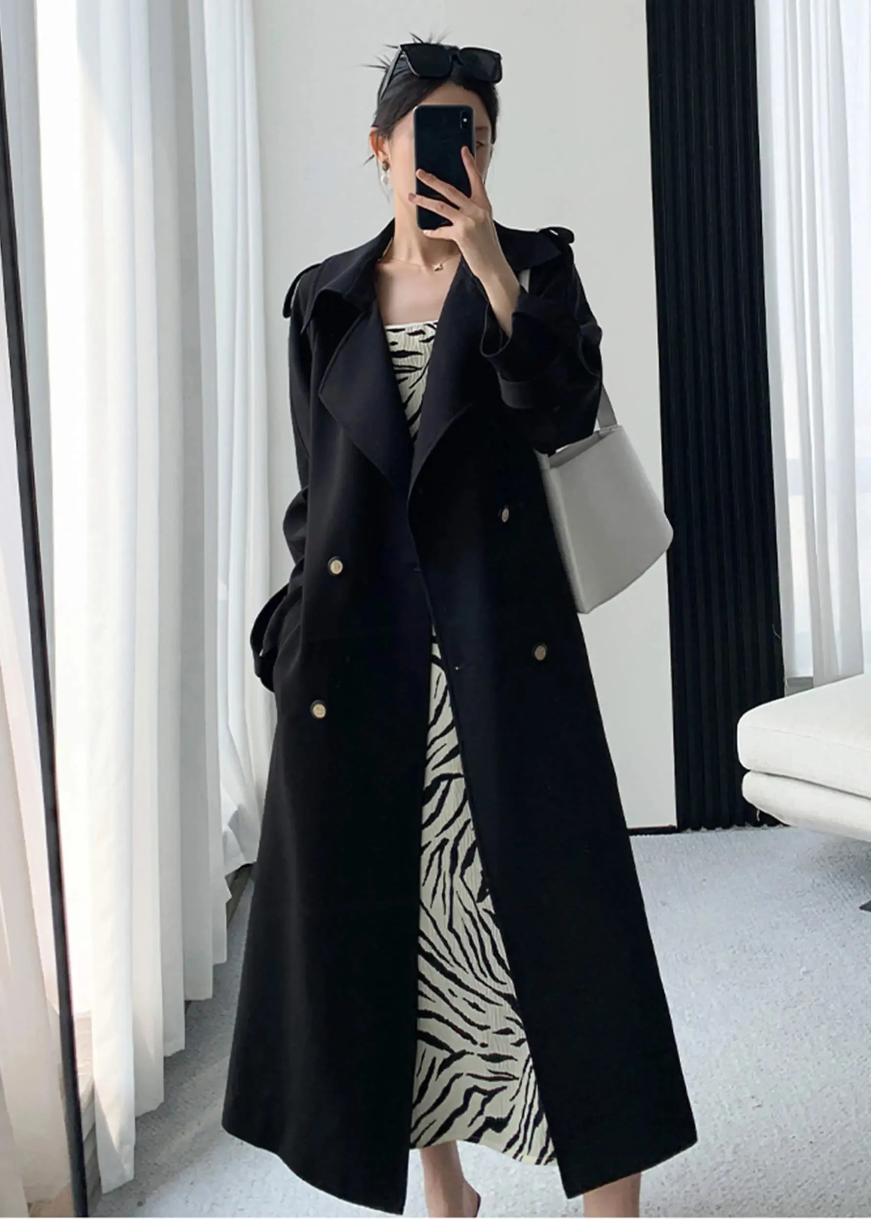 Black Double Breasted Long Trench Coat