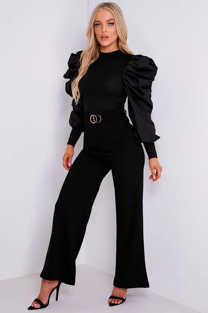 Black Double Circle Belted Wide Leg Trousers