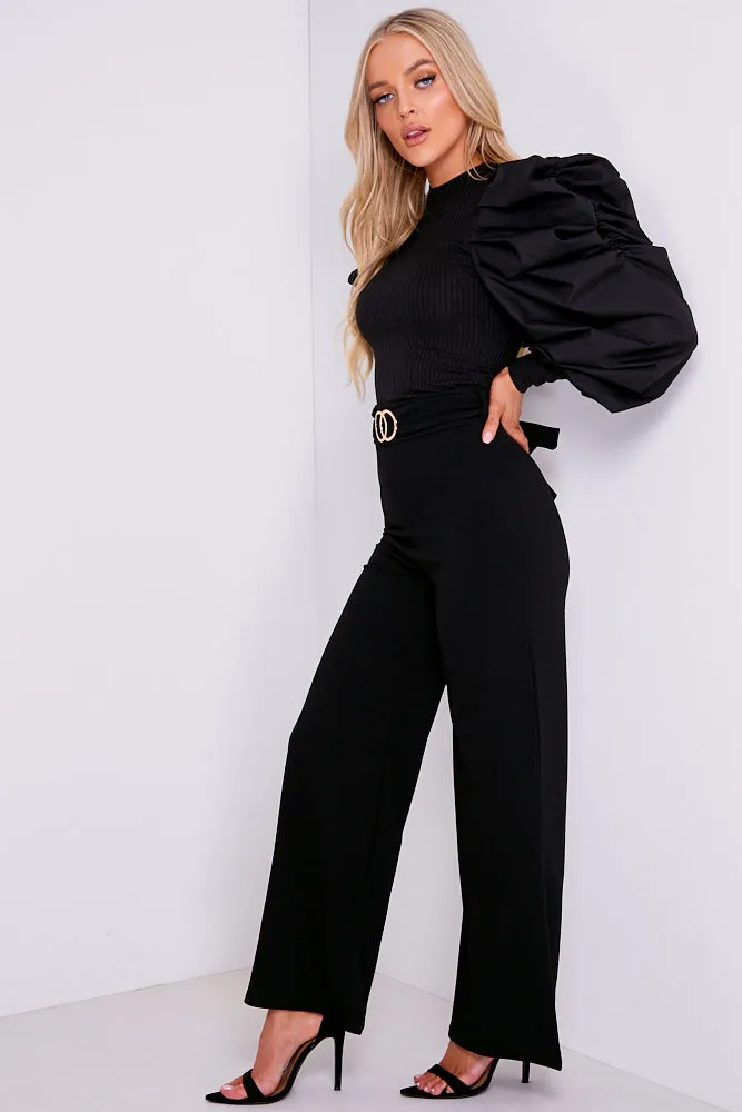 Black Double Circle Belted Wide Leg Trousers