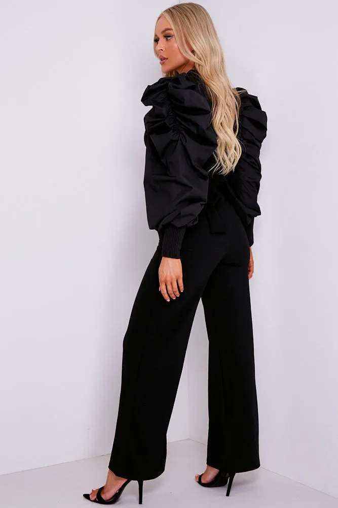 Black Double Circle Belted Wide Leg Trousers