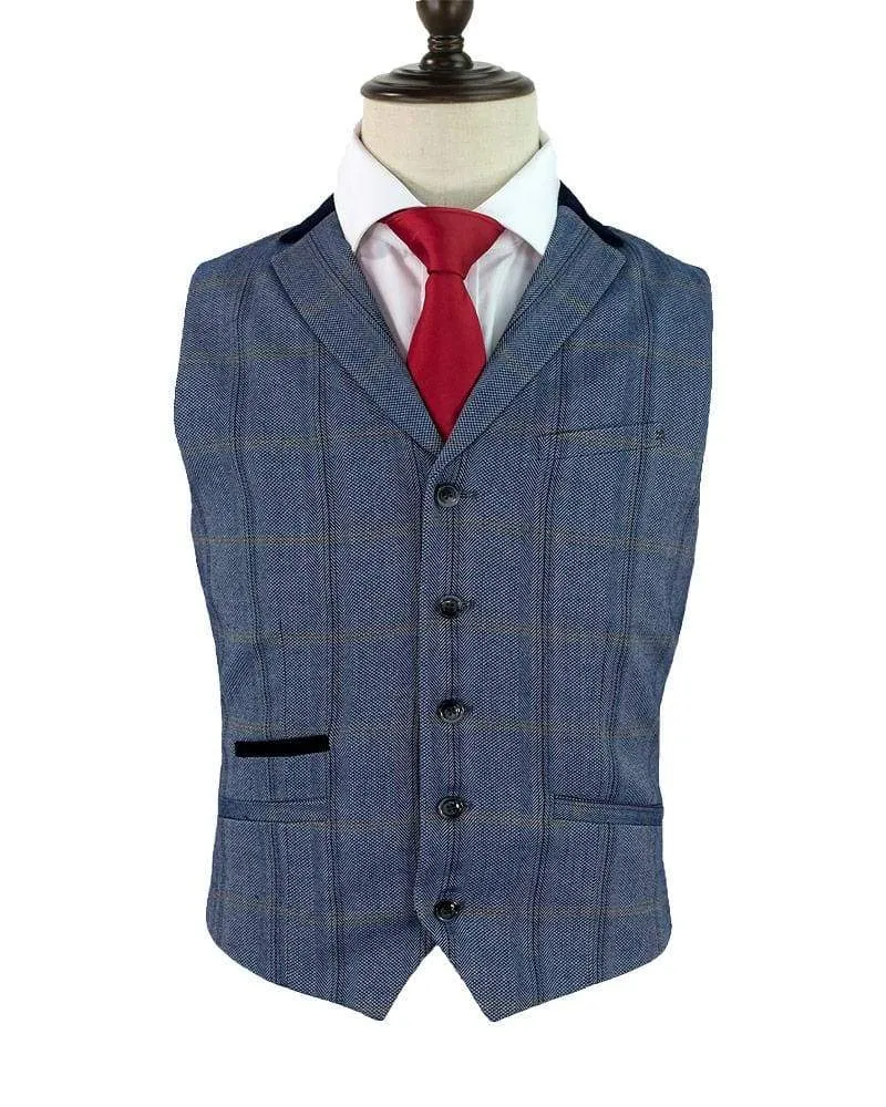 Cavani Connall Blue Tweed Check Style Waistcoat