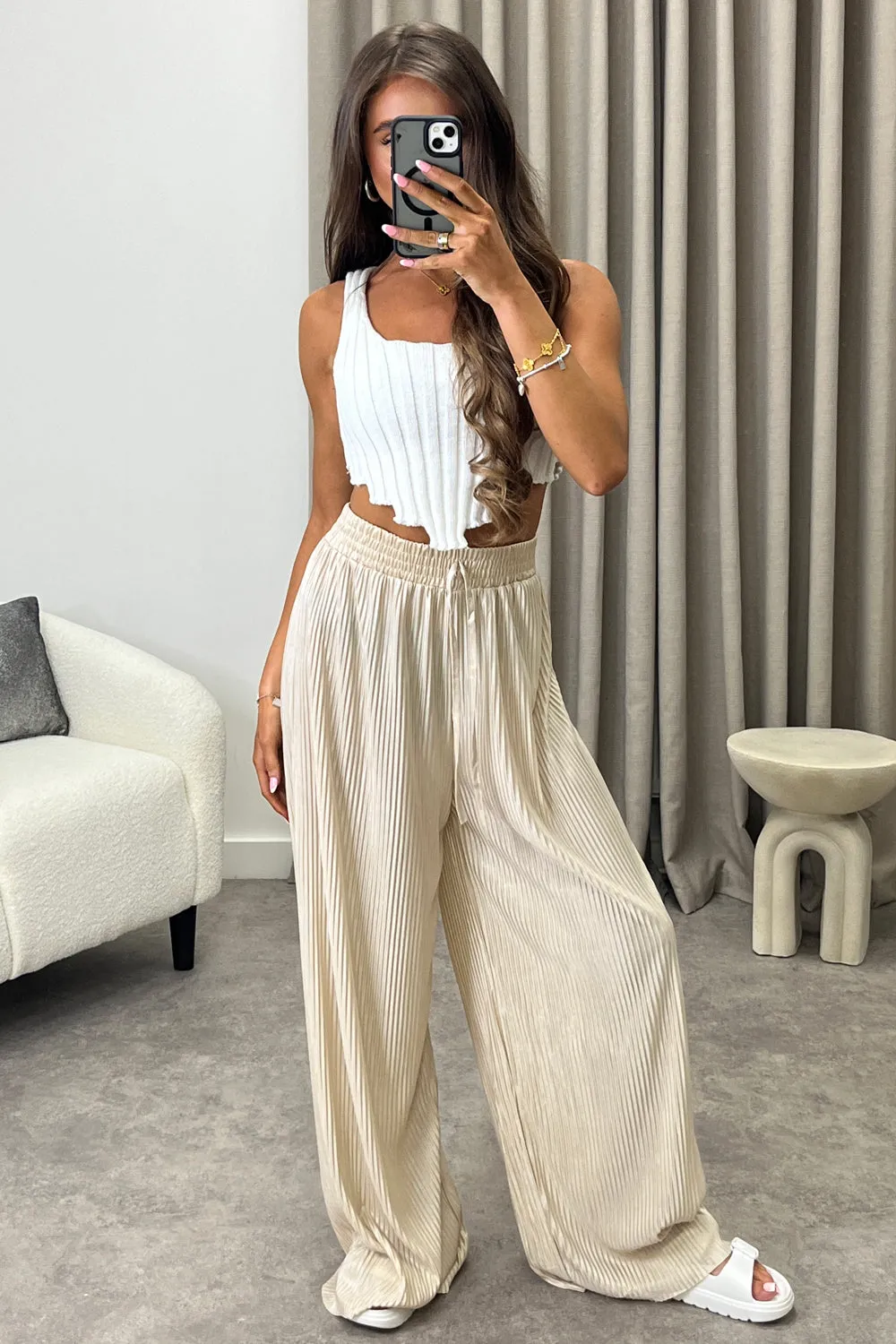 Chrissy Beige Plisse High Waisted Wide Leg Satin Trousers