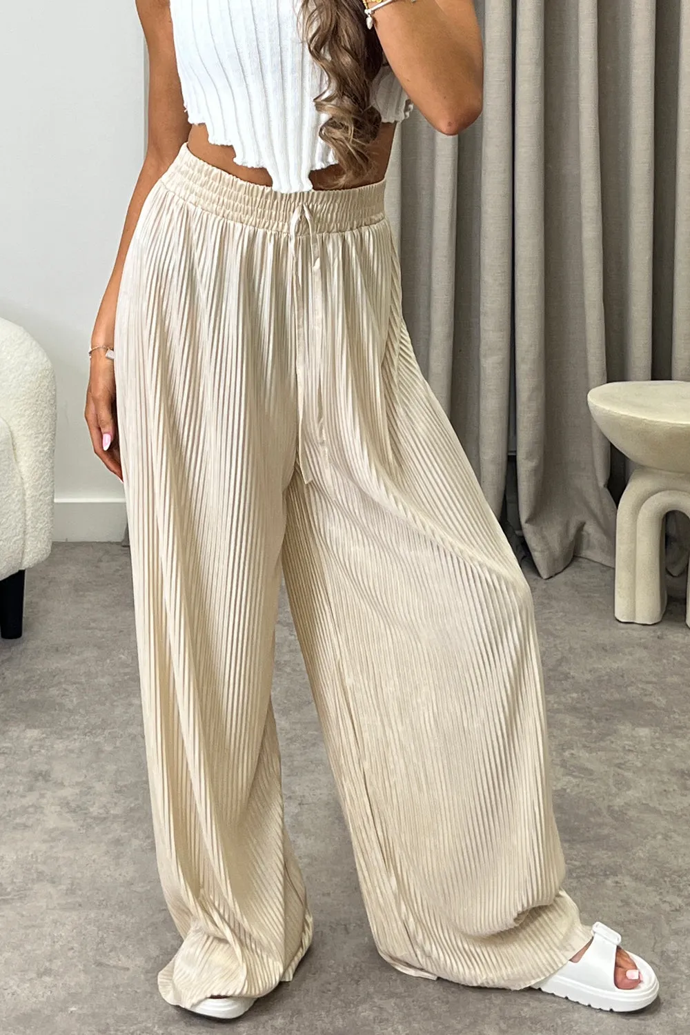 Chrissy Beige Plisse High Waisted Wide Leg Satin Trousers