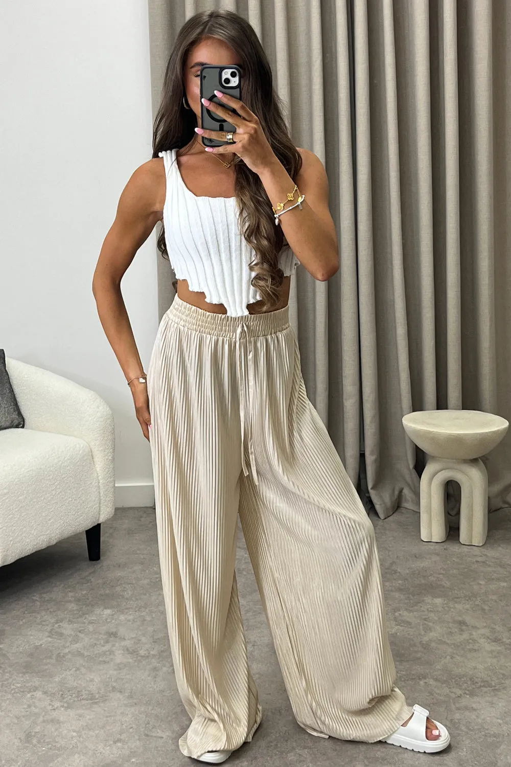 Chrissy Beige Plisse High Waisted Wide Leg Satin Trousers