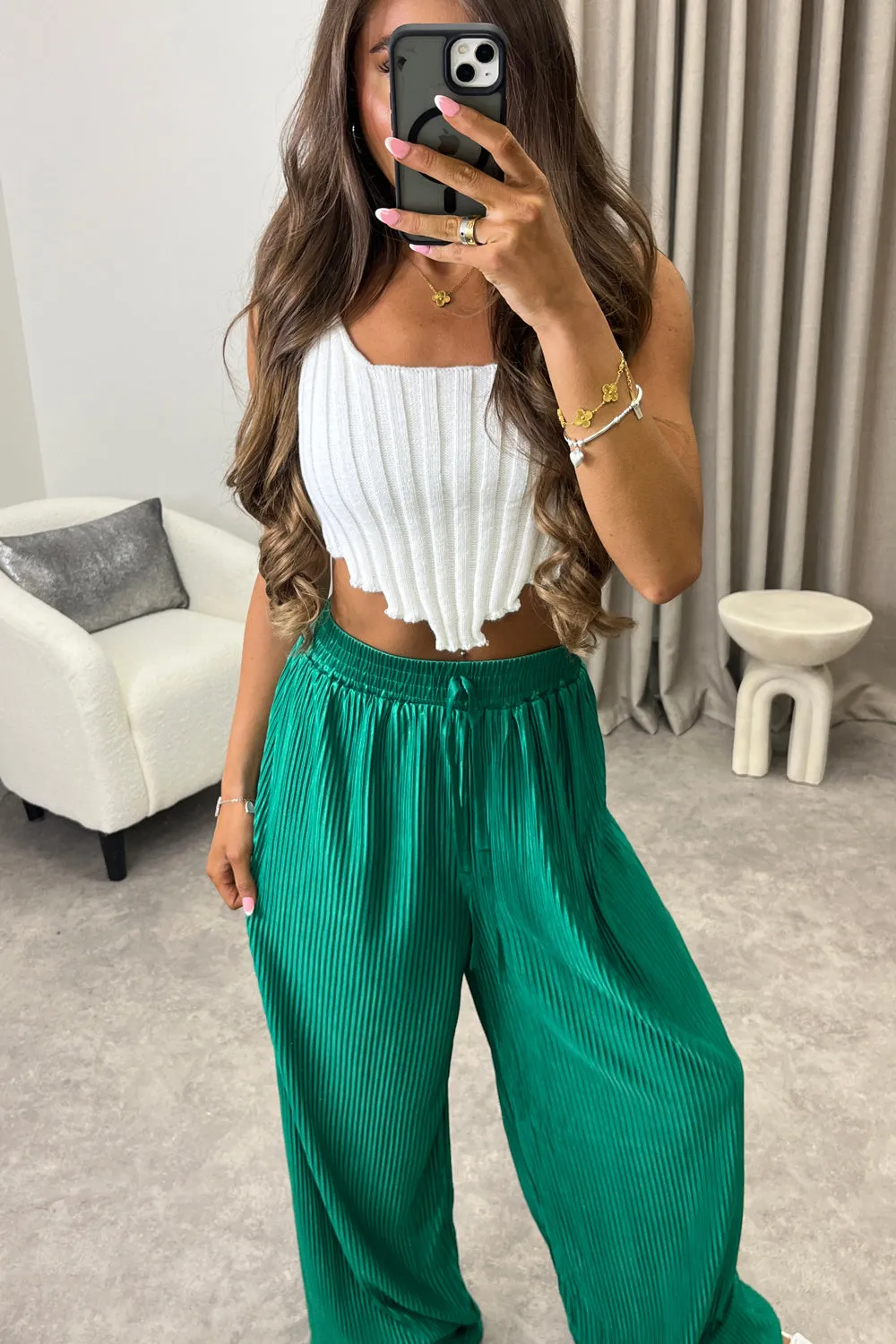 Chrissy Green Plisse High Waisted Wide Leg Satin Trousers