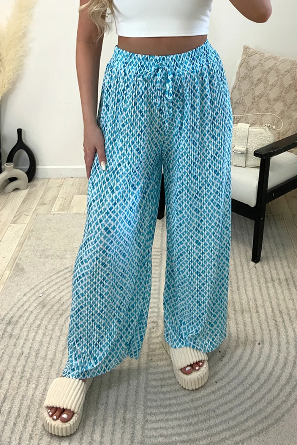 Christie Blue and White Plisse Patterned Wide Leg Trousers