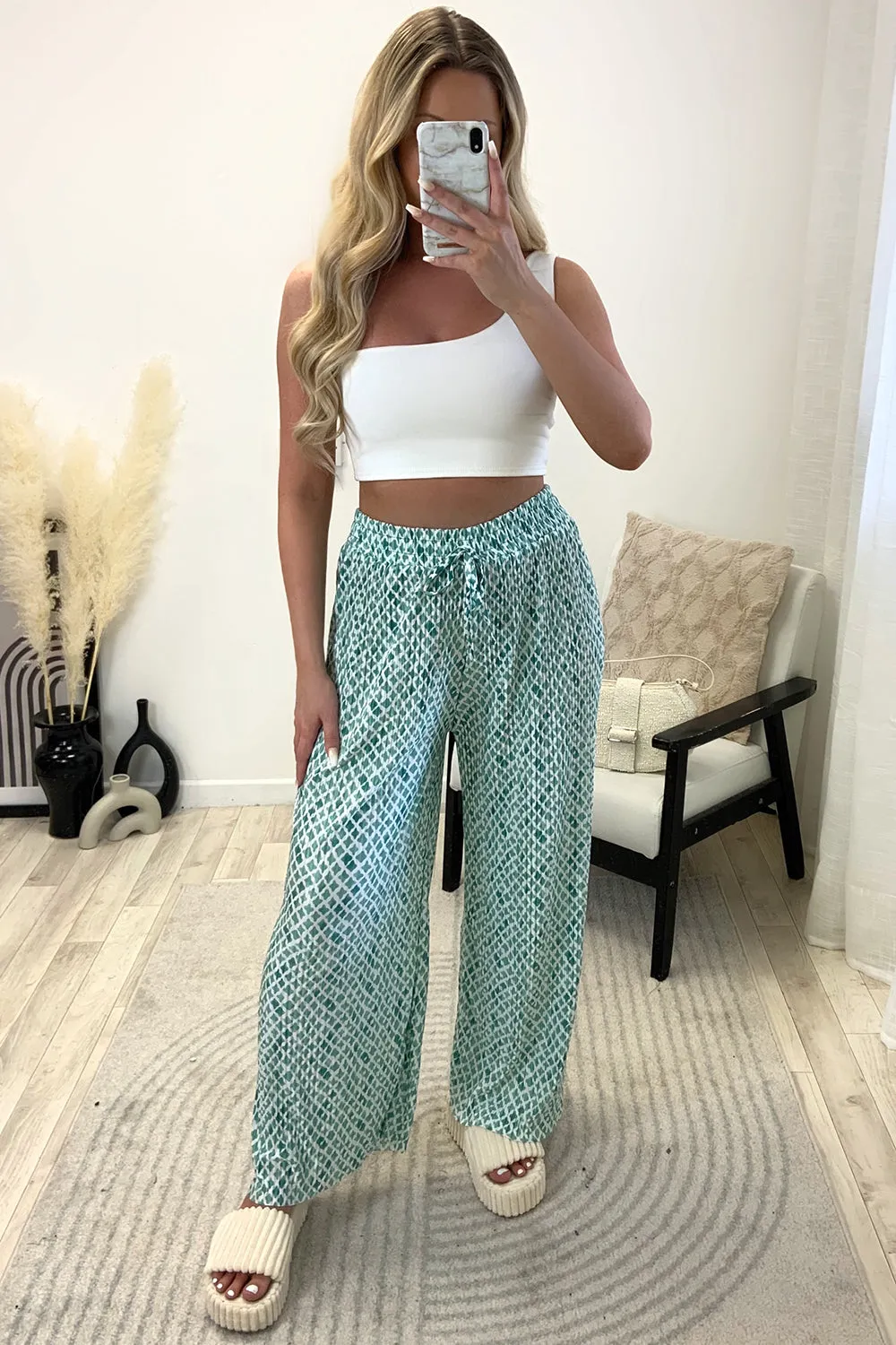 Christie Green and White Plisse Patterned Wide Leg Trousers