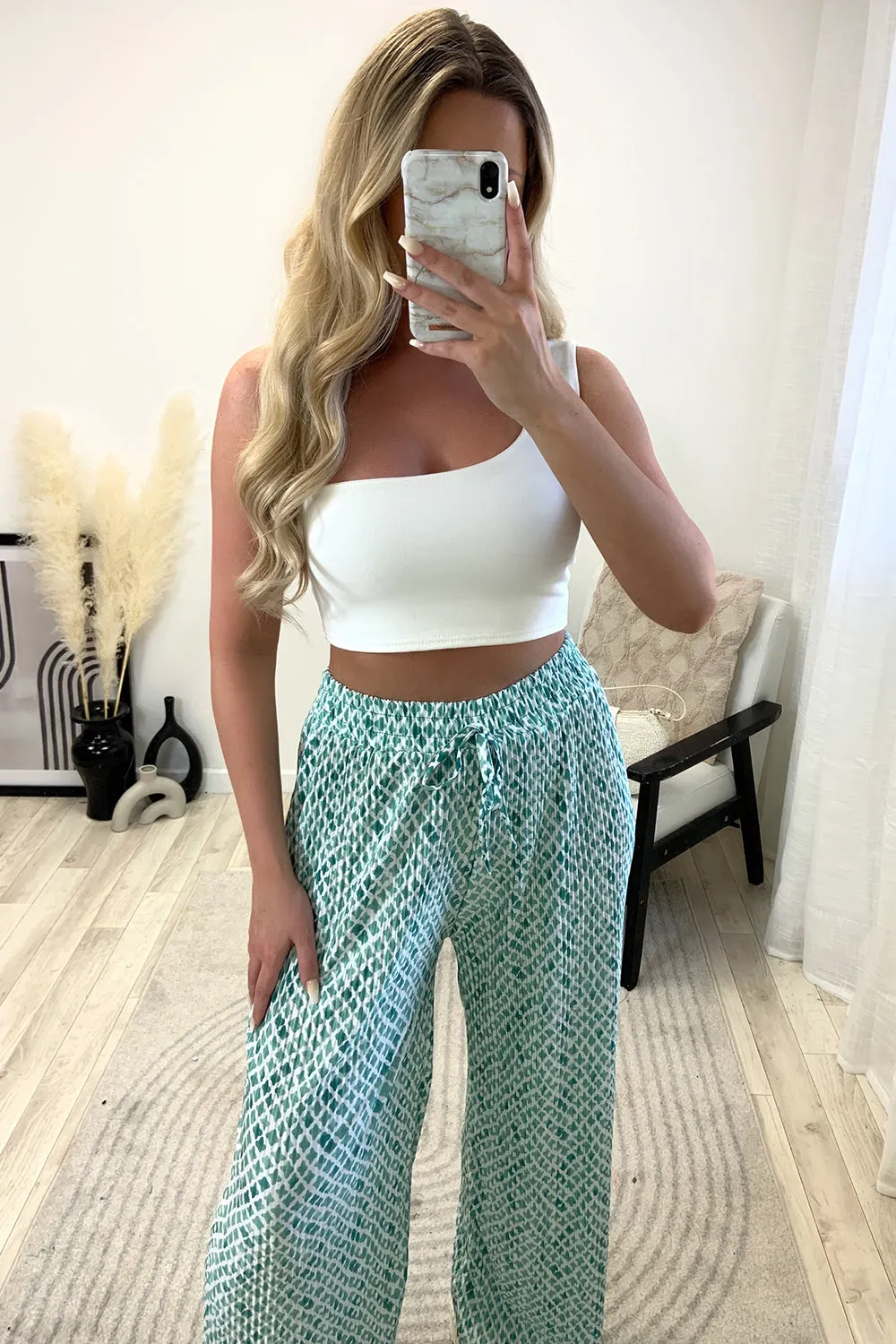 Christie Green and White Plisse Patterned Wide Leg Trousers