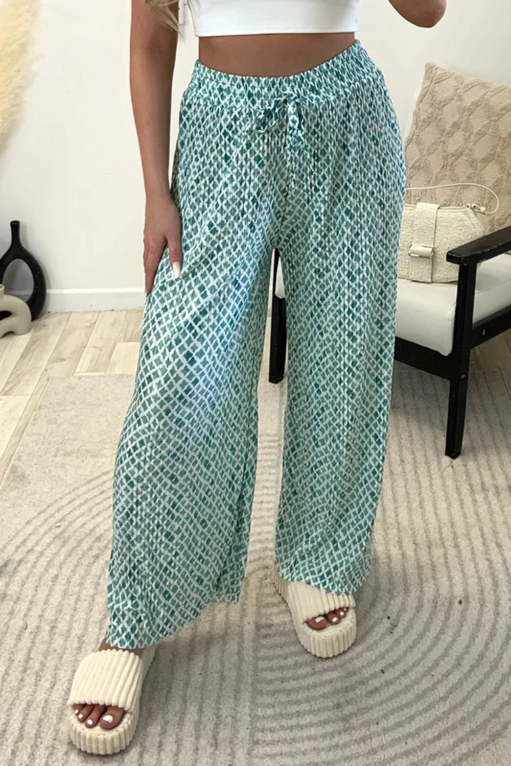 Christie Green and White Plisse Patterned Wide Leg Trousers